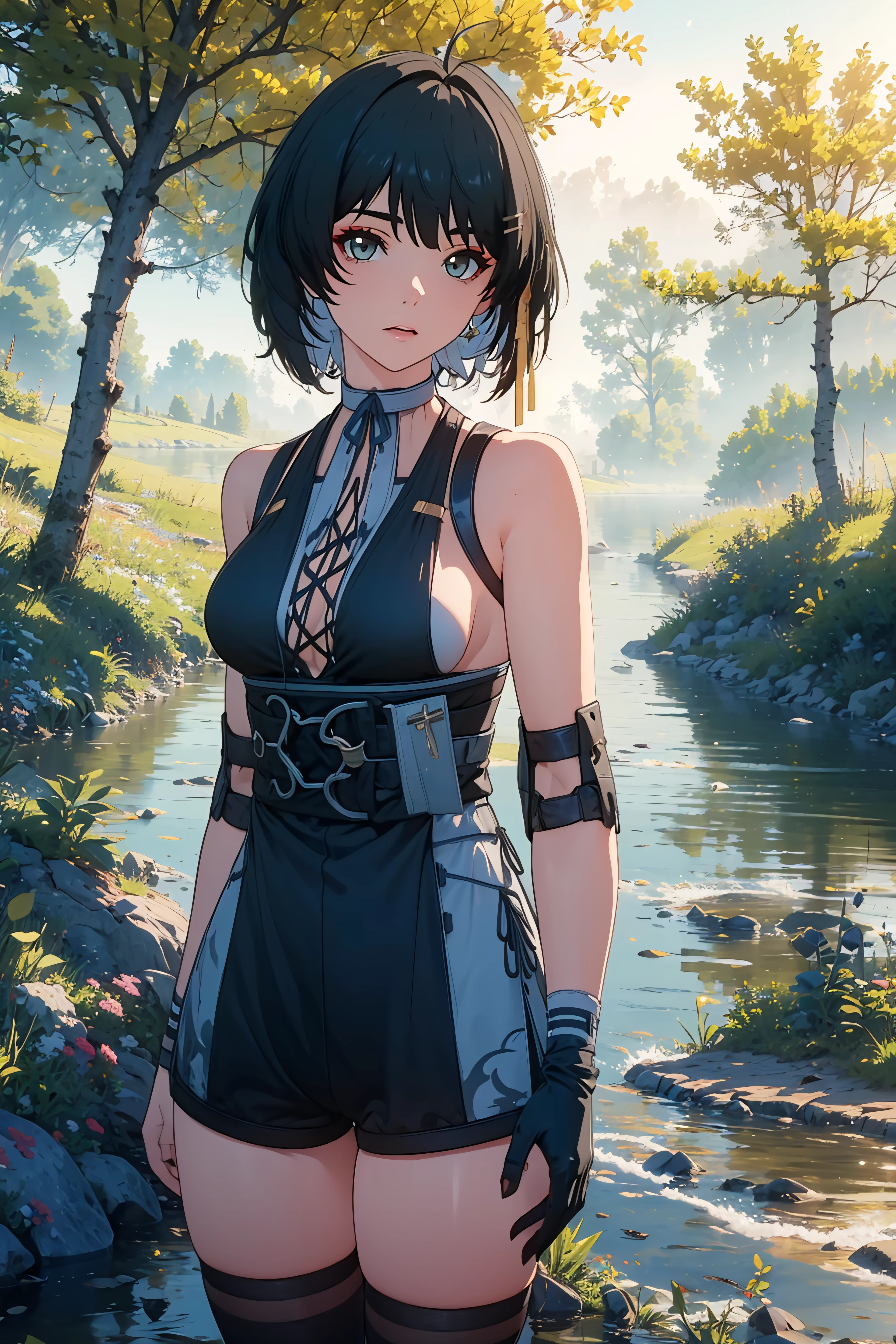 ((masterpiece)),(highres:1.1),4k , 8k,HD,(ultra detailed),vivid colors,lights, sharp focus,ray tracing, HDR, ,perfect lighting,best quality, depth of field,looking at viewer,bright,shiny skin, (lights:0.8), 3d,lighting, glistening shiny, glowing light,
femaleroverdef, thighhighs, gloves, bare shoulders, shorts, sleeveless, black thighhighs, fingerless gloves,ahoge,thighhighs, upper body,
forest, blue sky, lake, mist, river, lake,