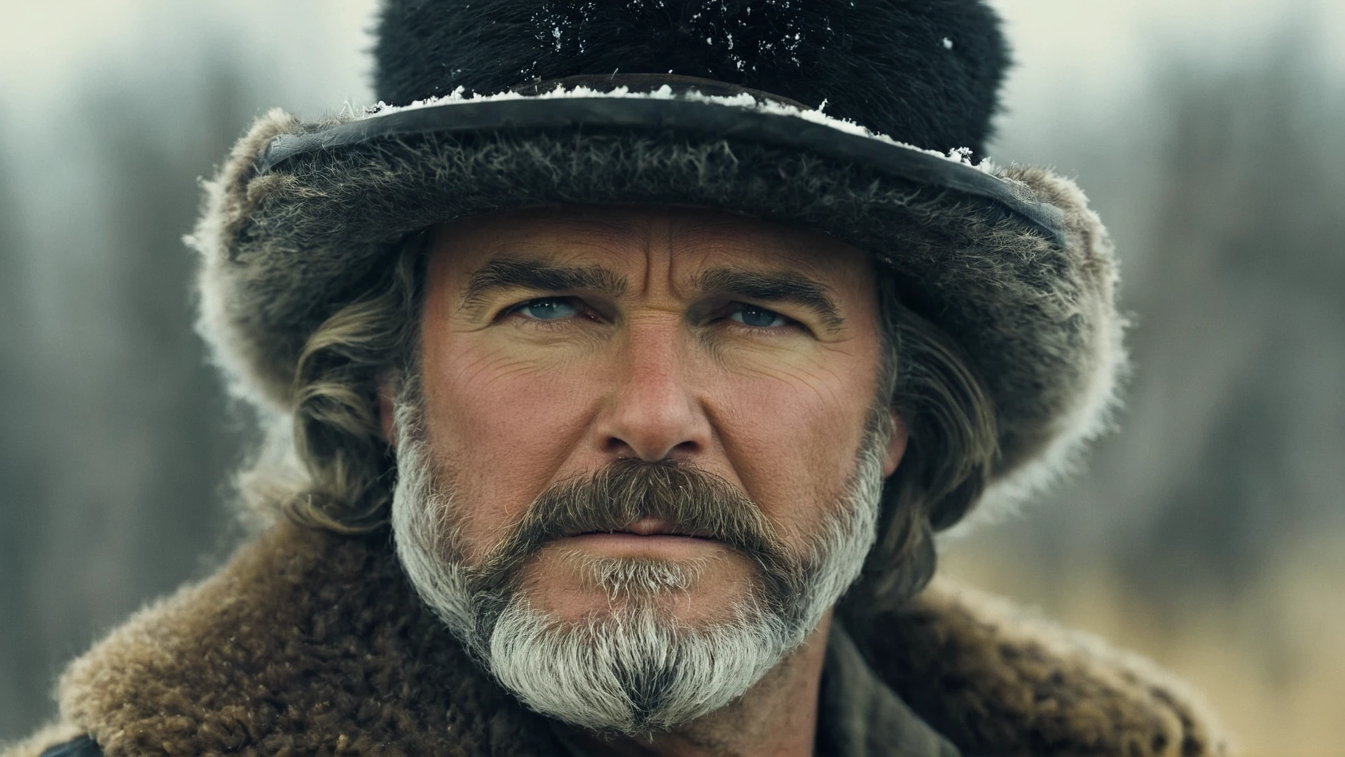 <lora:The Hateful Eight film style:0.9>
<lora:detailed:0.5>
<lora:perfection style:0.5>
<lora:Chiaroscuro Lighting Style:0.3>
In 1870,A Western film,Cinematic Kodak picture of a closeup side view of Kurt Russell a man with a furry hat and a beard,solo,1boy,male focus,blurry,no humans,profile,blurry background,facial hair,realistic,old,wrinkled skin ,The Hateful Eight film style