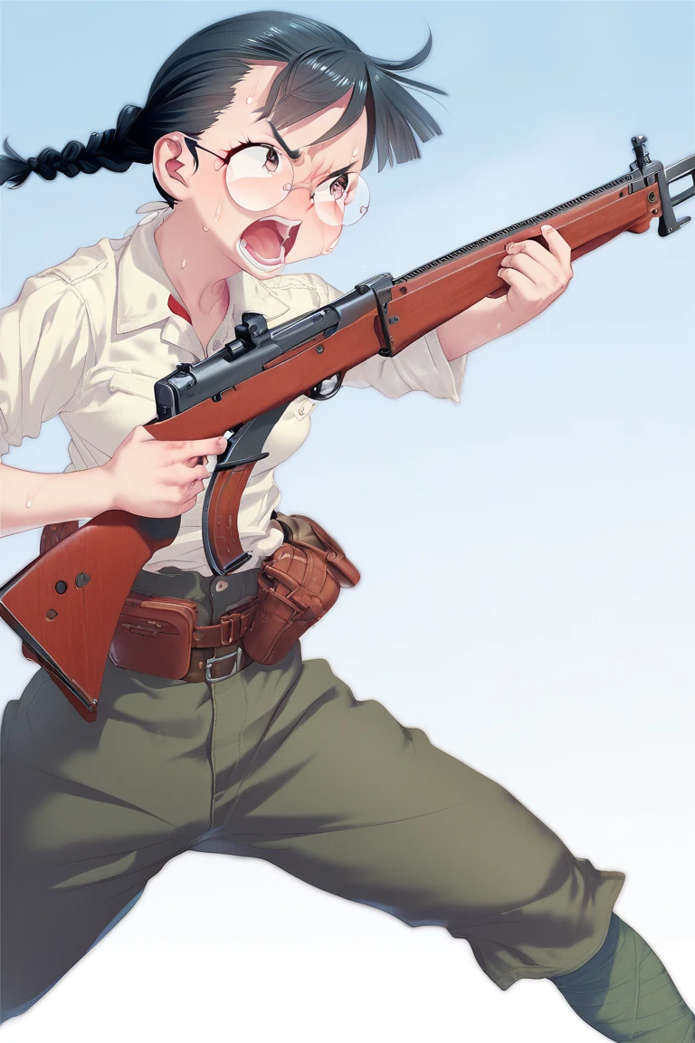 score_9,score_8_up,score_7_up,artbook,game cg,1girl,solo,cowboy shot,small breasts,black hair,twin braid,round eyewear,exhausted,sweat,open mouth,shouting,angry,gun,weapon,military,military_uniform,rifle with bayonet,rifle,bolt_action,uniform,holding_gun,brown shoes,hachimaki,leg wrappings,leg_wrap,infantryman's puttee,open collar shirt,leather belt pouch,<lora:Koume_Keito_PonyXL_dim32:0.8:lbw=0.8,0,0,0,0,0,0.8,0.8,0.8,0.8,0.8,0.75>,<lora:IJAuniformXLv1:1>,