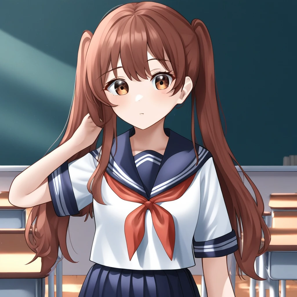 auburn-brown hair, long hair, twintails, auburn-brown eyes, medium-sized chest, sailor school uniform, classroom