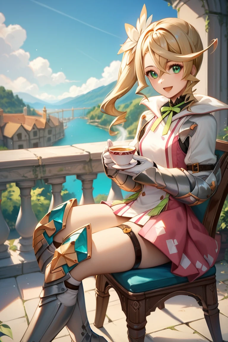 score_9, score_8_up, score_7_up, very aesthetic, source_anime, detailed, high quality, beautiful, masterpiece, detailed eyes,
outdoor, village, blurry background,
<lora:lightXL:0.8>
cowboy shot, light smile,
sitting on chair, holding cup of tea, open mouth, looking at viewer,
<lora:alisha_autismConfetti_v01:0.95> small breasts,
alisha diphda, blonde hair, dress, green eyes, side ponytail, hair between eyes, hair ornament, knee boots, greaves, thigh strap, white gloves, gauntlets, long sleeves,, zPDXL