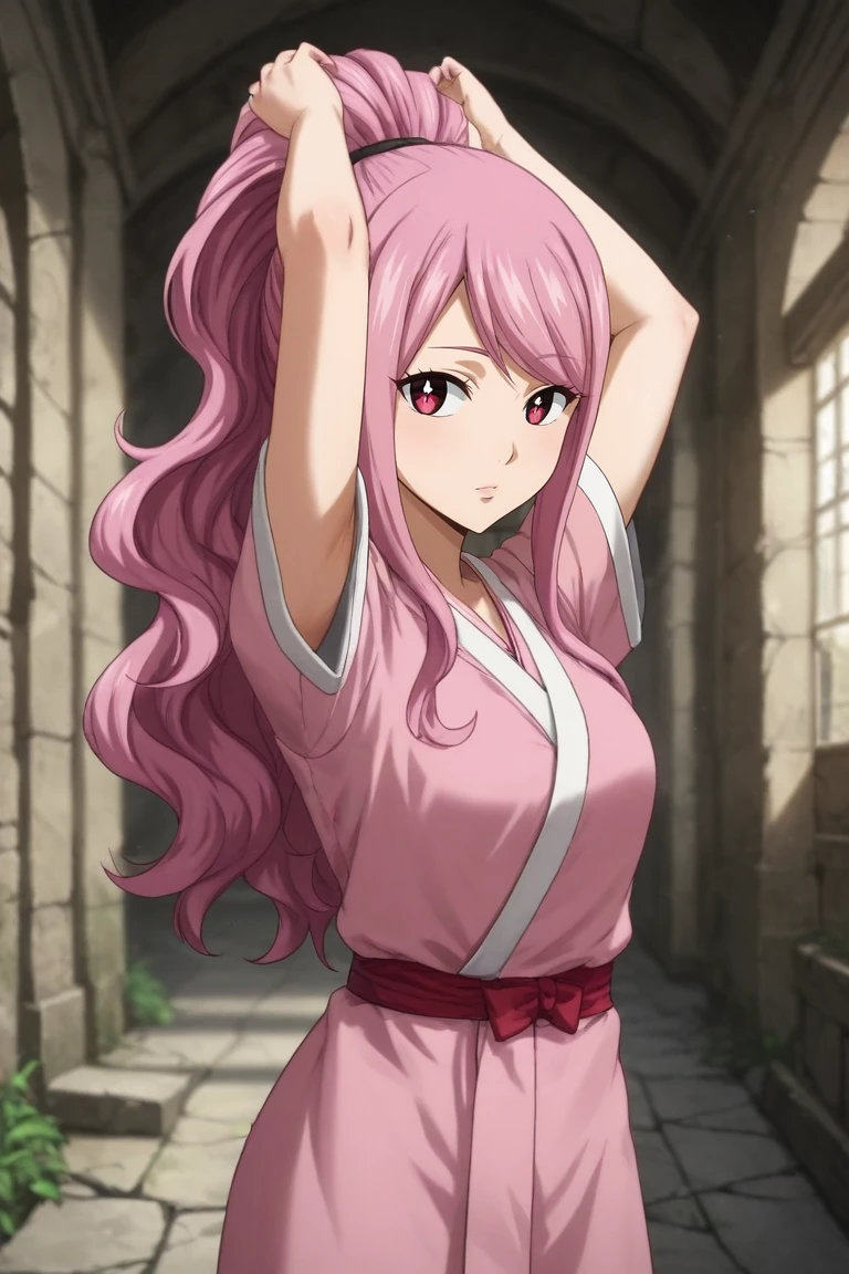 score_9, score_8_up, score_7_up, source_anime, rating_safe, , semi-realistic, looking at viewer, depth of field, 1girl, solo, <lora:meredy_fairy_tail_pony:0.74>, meredy_fairy_tail, pink hair, pink eyes, long hair, ponytail, asymmetrical, ancient ruins, indoors, arms above head, sparkling eyes, pink kimono, <lora:sdxl_lightning_8step_lora:1>