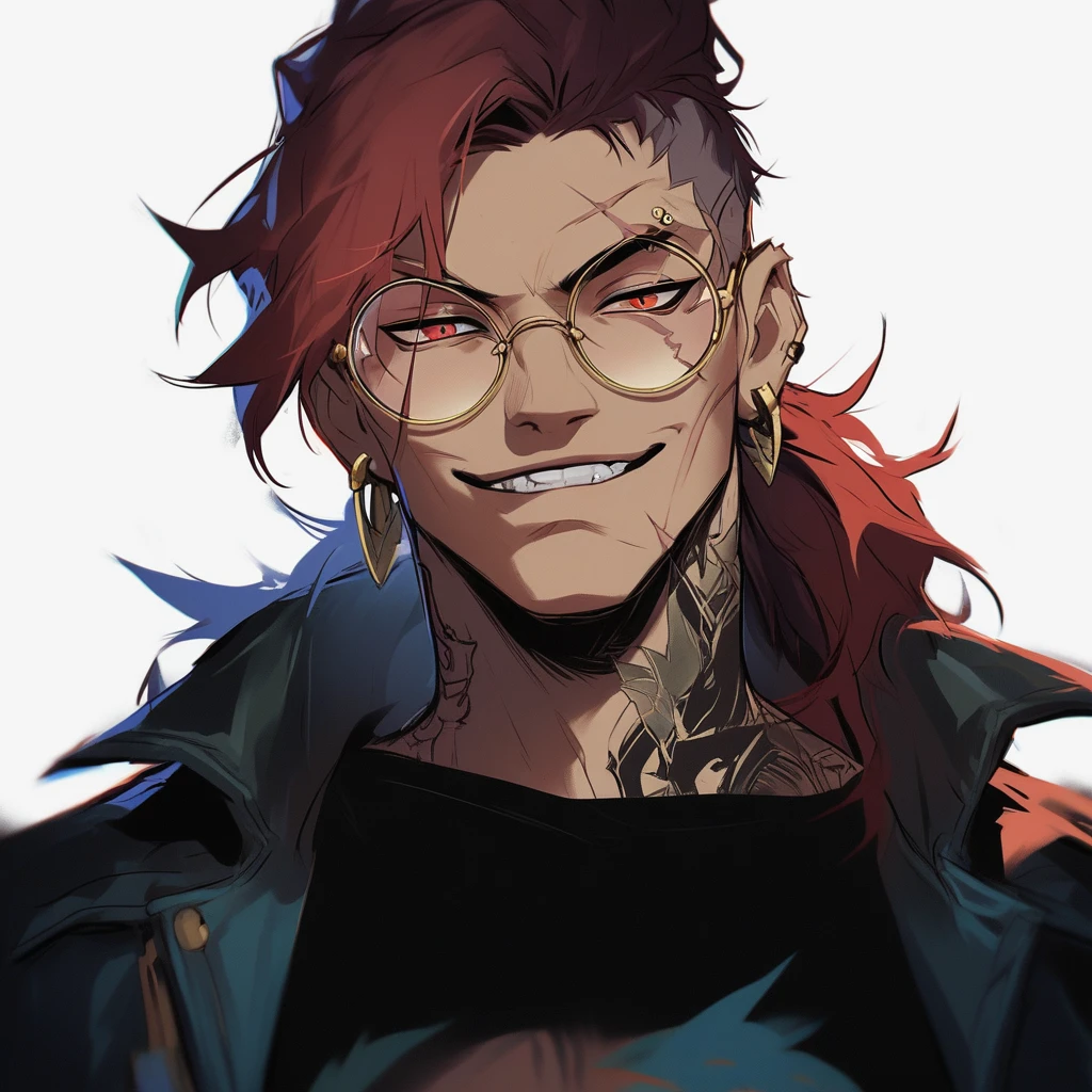 cbxzz, 1boy, male focus, solo, glasses, red eyes, jacket, tattoo, scar, white background, earrings, jewelry, red hair, looking at viewer, long hair, teeth, black shirt, shirt, smile, ponytail, simple background, eyebrow cut, round eyewear, upper body, piercing, scar on face, score_9, score_8_up, score_7_up, score_6_up, score_5_up, score_4_up