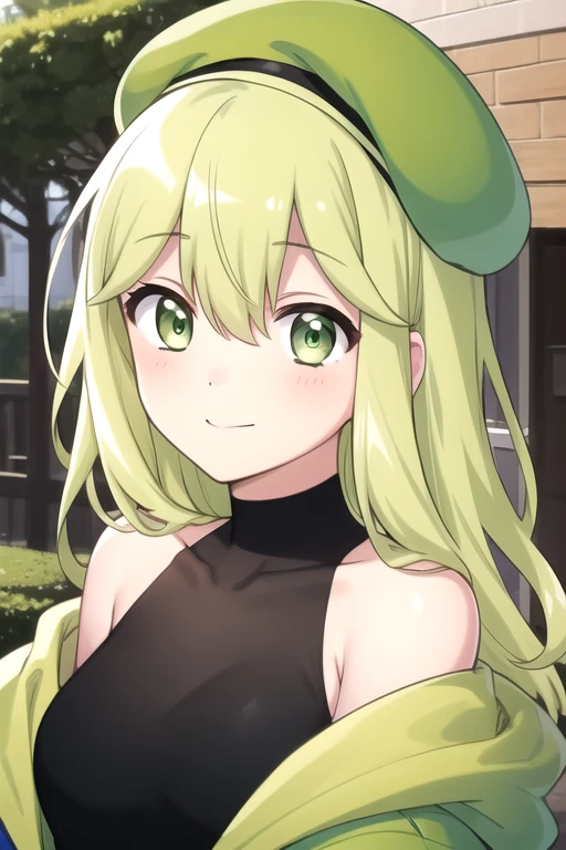 ((masterpiece)),(best quality),official art,extremely delicate and beautiful,extremely detailed CG,unity 8k wallpaper,ultra detailed,beautiful detailed eyes,extremely detailed face,outdoors,1girl,solo,upper body,(portrait:1.5),looking at viewer,facing viewer,smile,blush,beret,green headwear,long hair,green hair,hair between eyes,bangs,green eyes,bare shoulders,collarbone,off shoulder,green jacket,green jacket,black shirt,sleeveless shirt,miniskirt,green skirt,pleated skirt,black thighhighs,zettai ryouiki,sneakers,<lora:Creeper-Bubble(remake):0.6>,