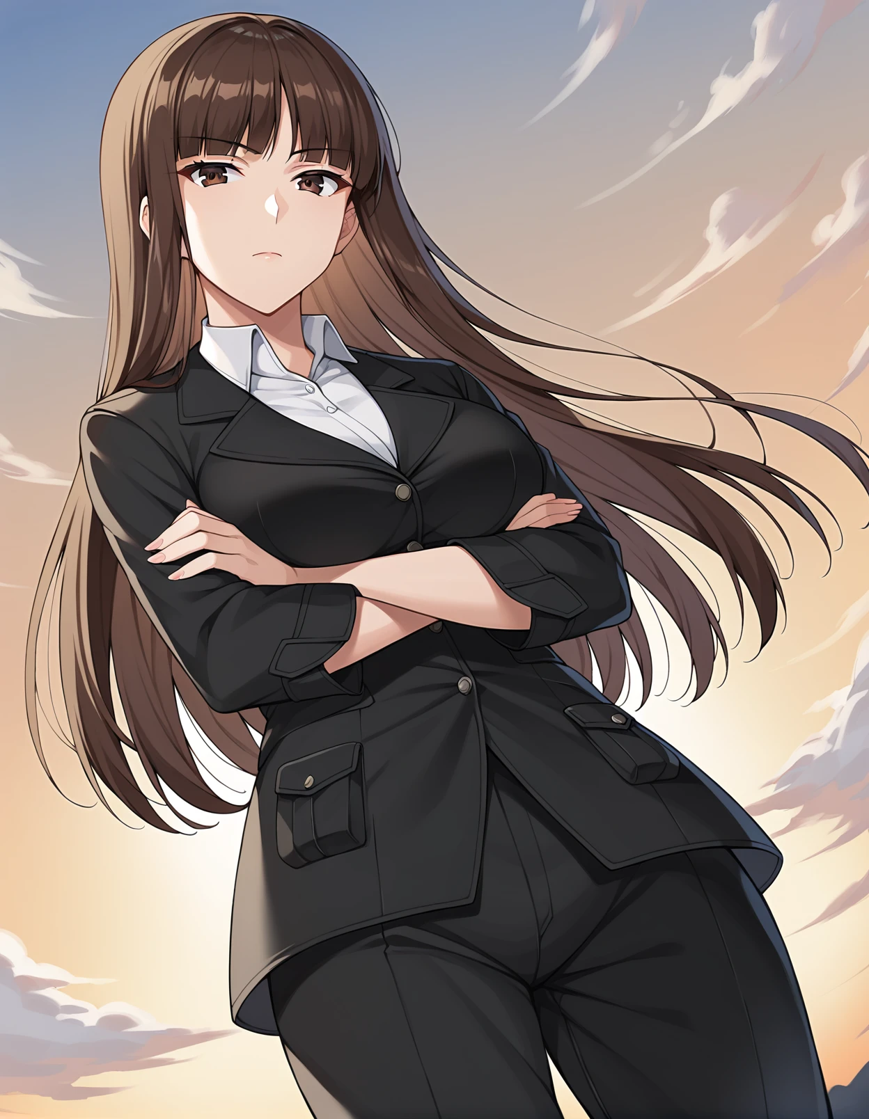 score_9, score_8_up, score_7_up, source_anime, rating_safe, BREAK <lora:shihoNishizumiXL_LoRA-C3Lier_AdamW_Dim8_Alpha8_UN-3e-4_TE-1.5e-4_10batch_ponyDiffusionV6XL_v6StartWithThisOne:1>, nishizumi shiho, 1girl, mature female, blunt bangs, long hair, brown hair, straight hair, brown eyes, black jacket, long sleeves, wing collar, pant suit, black pants, formal, standing, cowboy shot, crossed arms, expressionless, closed mouth, looking at viewer, from below, dutch angle, sunset, gradient sky, night sky, horizon, cloud