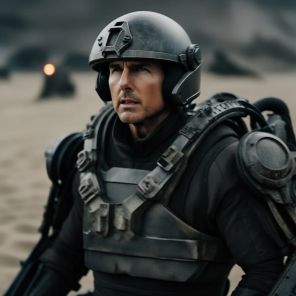 Dystopian style cinematic photo of tom cruise wears a black futuristic light armor, helmet, beach background <lora:Exosuit1024:0.9> . 35mm photograph, film, bokeh, professional, 4k, highly detailed . Bleak, post-apocalyptic, somber, dramatic, highly detailed