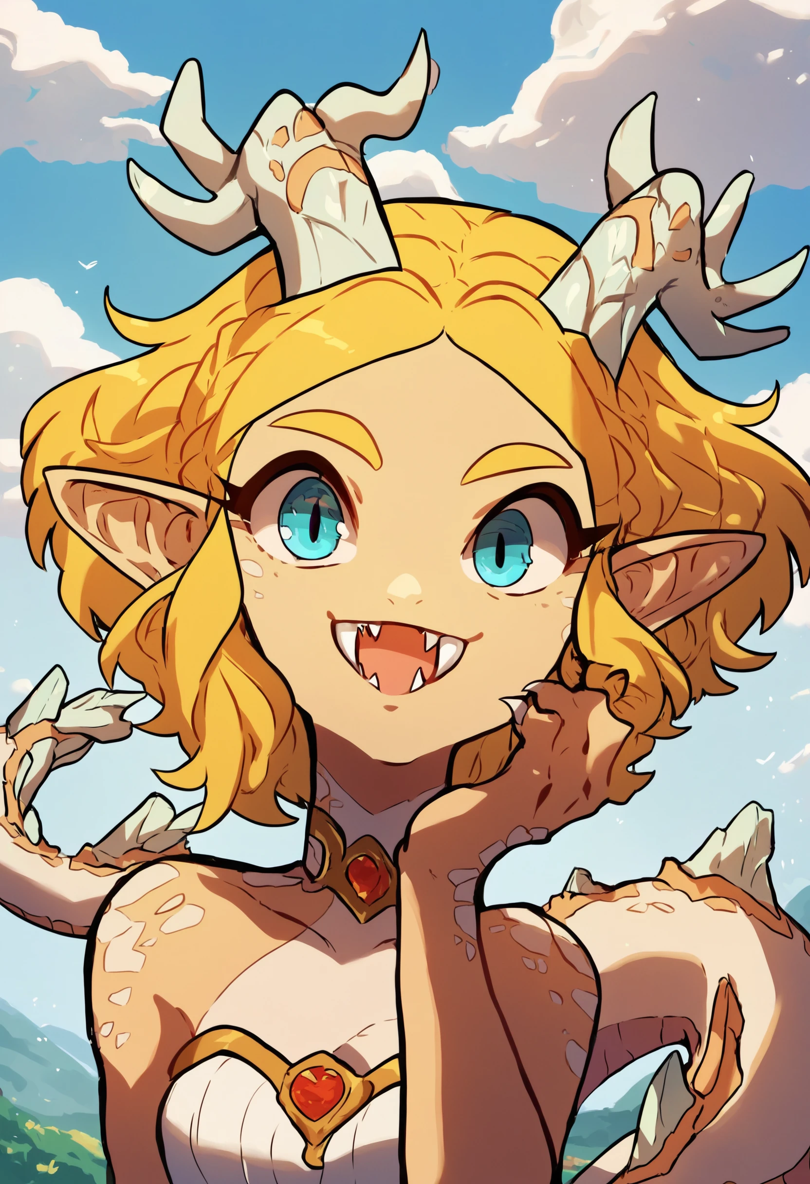 score_9, score_8_up, score_7_up, score_6_up, aqe, zeldadrag, solo, smile, dragon, scales, white dress, blue eyes, sky, fangs