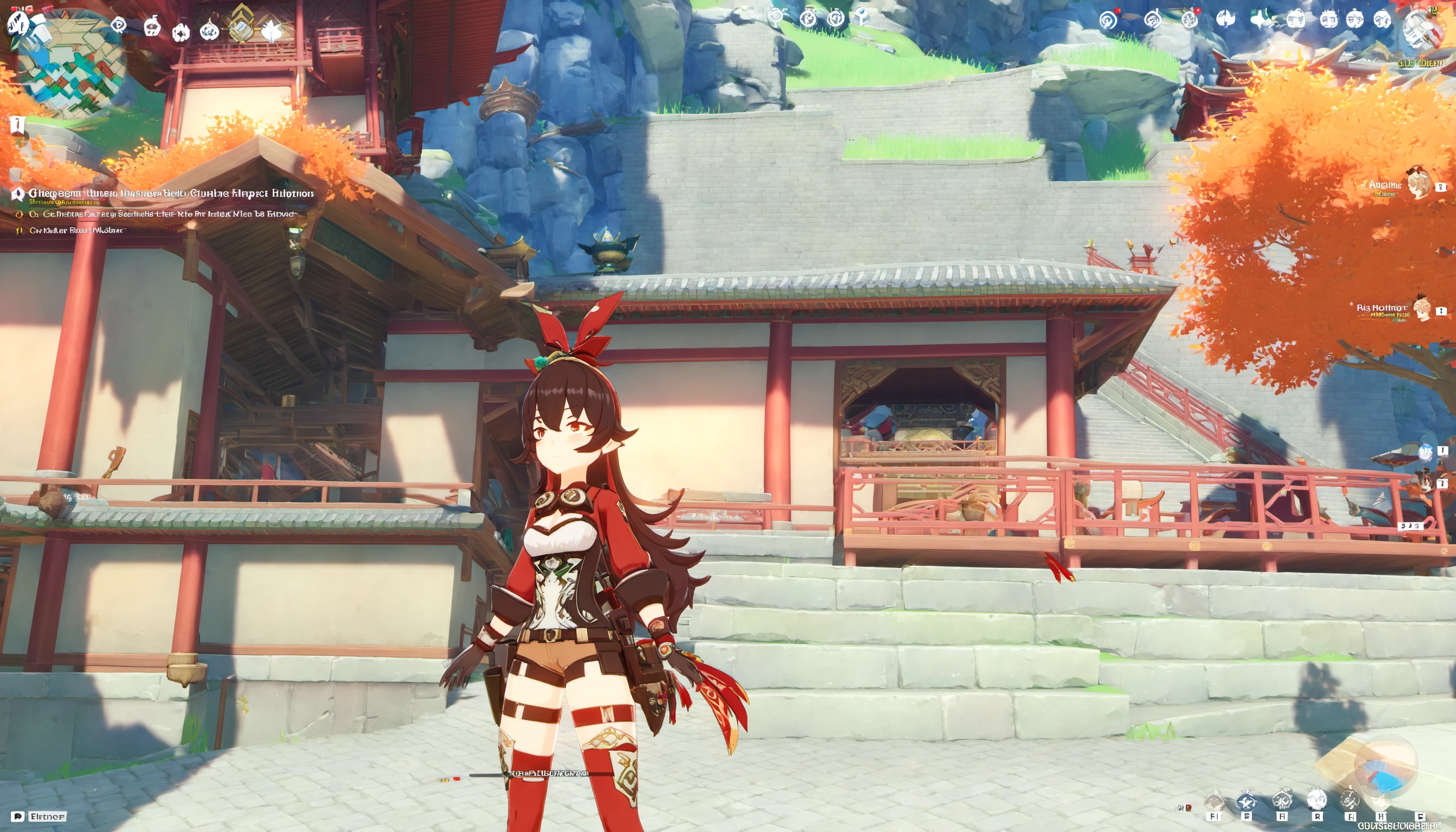 1girl, long hair, bangs, brown hair, thighhighs, gloves, long sleeves, ribbon, hair between eyes, brown eyes, hair ribbon, sidelocks, outdoors, shorts, from side, english text, goggles, building, scenery, walking, vision (genshin impact), architecture, gameplay mechanics, east asian architecture, brown shorts, fake screenshot, heads-up display, amber (genshin impact),  genshinamber <lora:kamber1:1>