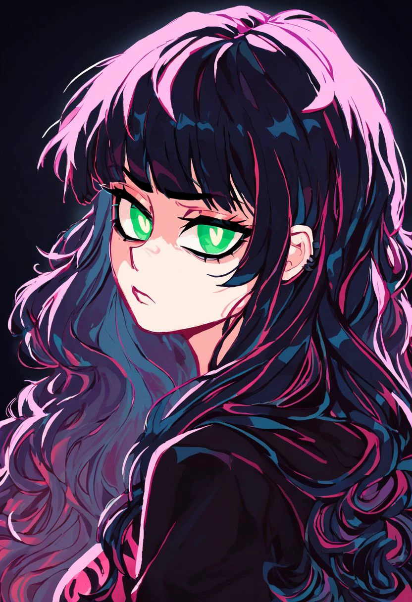 score_9, score_8_up, score_7_up, score_6_up, score_5_up, score_4_up,
limited palette, soft shading, pastel colors, melancholy, upper body,
1girl, solo, black background, long hair, black hair, goth girl, black hoodie, print shirt, looking at viewer, simple background, short twintails, bangs, green eyes, very long hair, wavy hair, dim pupils, black pupils, pale skin
<lora:jamoart_v10_pXL-000004:1.1>