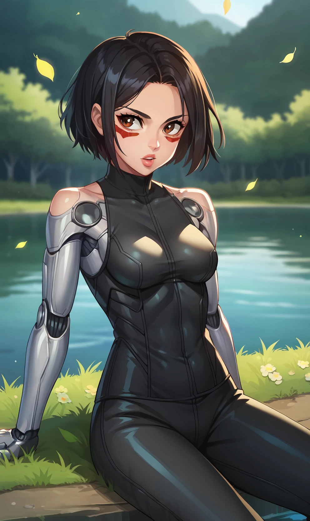 score_9, score_8_up, score_7_up, 1girl, source_anime, anime style, screencap, <lora:Gally:1> gallyxl, short hair, black hair, brown eyes, lips, facepaint, facial mark, bodysuit, pants, mechanical arms, robot skin, bare shoulders, android, cyberpunk, science fiction, parted lips, sitting, grass, lake, water, nature, night, looking to the side, wind, falling leaves, ranting_general,
