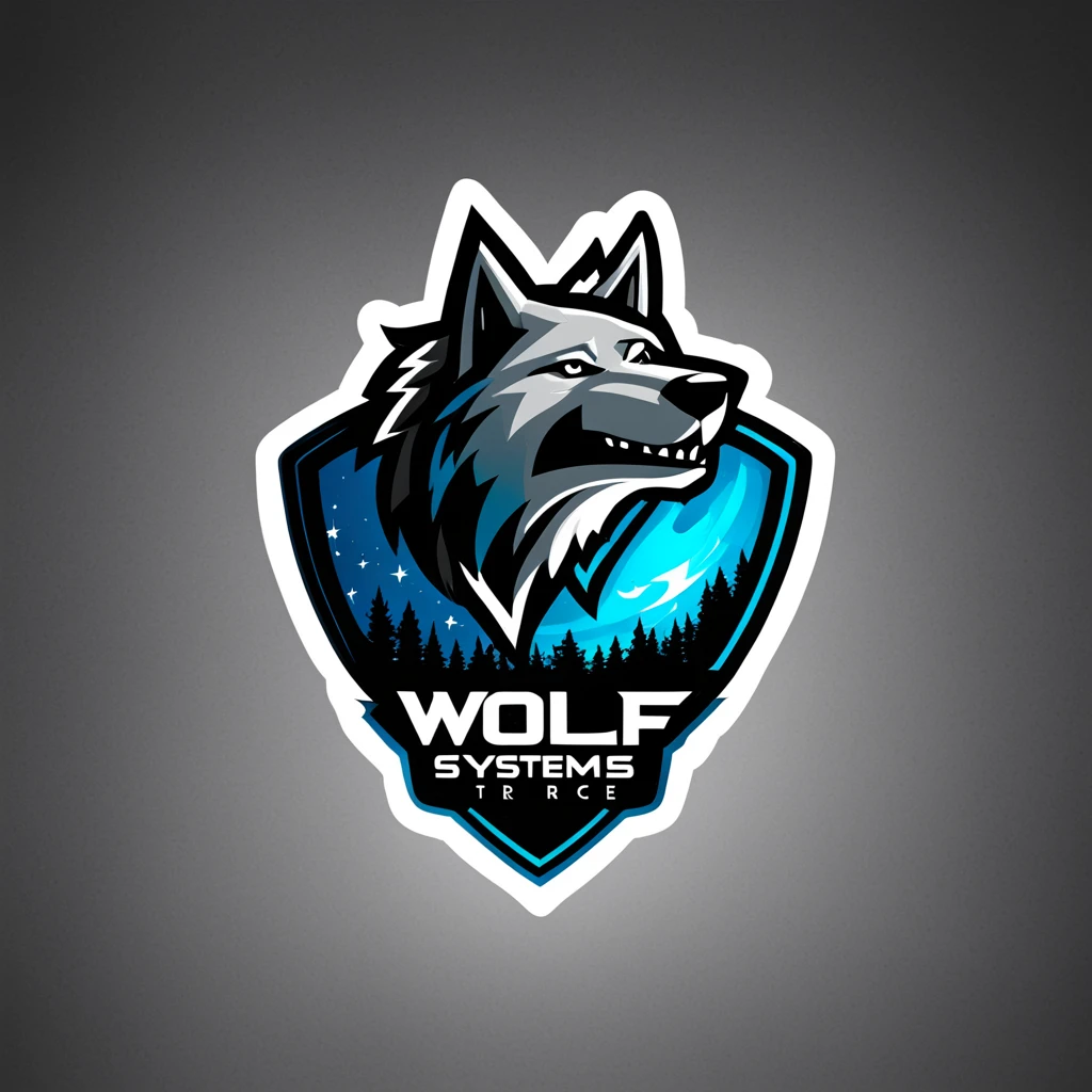 logomkrdsxl, a very cool looking logo , wolf in space,  vector, text "Wolf-Systems",  <lora:logomkrdsxl:1>, best quality, masterpiece, sharp