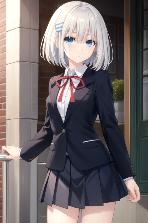 ((masterpiece)),(best quality),official art,extremely delicate and beautiful,extremely detailed CG,unity 8k wallpaper,ultra detailed,beautiful detailed eyes,extremely detailed face,outdoors,1girl,solo,cowboy shot,looking at viewer,facing viewer,deadpan,tobiichi origami,short hair,aqua hair,hairclip,hair between eyes,bangs,blue eyes,black jacket,white shirt,collared shirt,red ribbon,medium breasts,long sleeves,pleated skirt,miniskirt,blue skirt,white socks,loafers,<lora:Tobiichi Origami(dal)>,<lora:TSNeptunia-000045:0.5>,