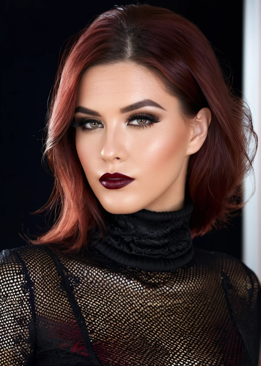 half body of A captivating masterpiece of an woman, (((dressed in a turtleneck Blouse))), The intricate lace and gold details exude a very rebellious aura. ((A bold and daring makeup look featuring ombre lips that transition from a deep, dark red at the center to a glossy black at the outer edges. The lips are expertly lined and filled in with precision, creating a gradient effect that is both edgy and sophisticated)). ((The use of high-shine gloss adds a touch of glamour and dimension to the look)), ((while the deep red and black hues give it a dramatic, vampy vibe)), The background is a dark old manor room with fireplace only giving light to room, architecture creating a exigent atmosphere., low-key photography:1.3, one rim side light, narrow lighting,, only one light source, facing camera, shallow depth of field, <lora:MS_SaraStone_V1_SDXL:0.8>