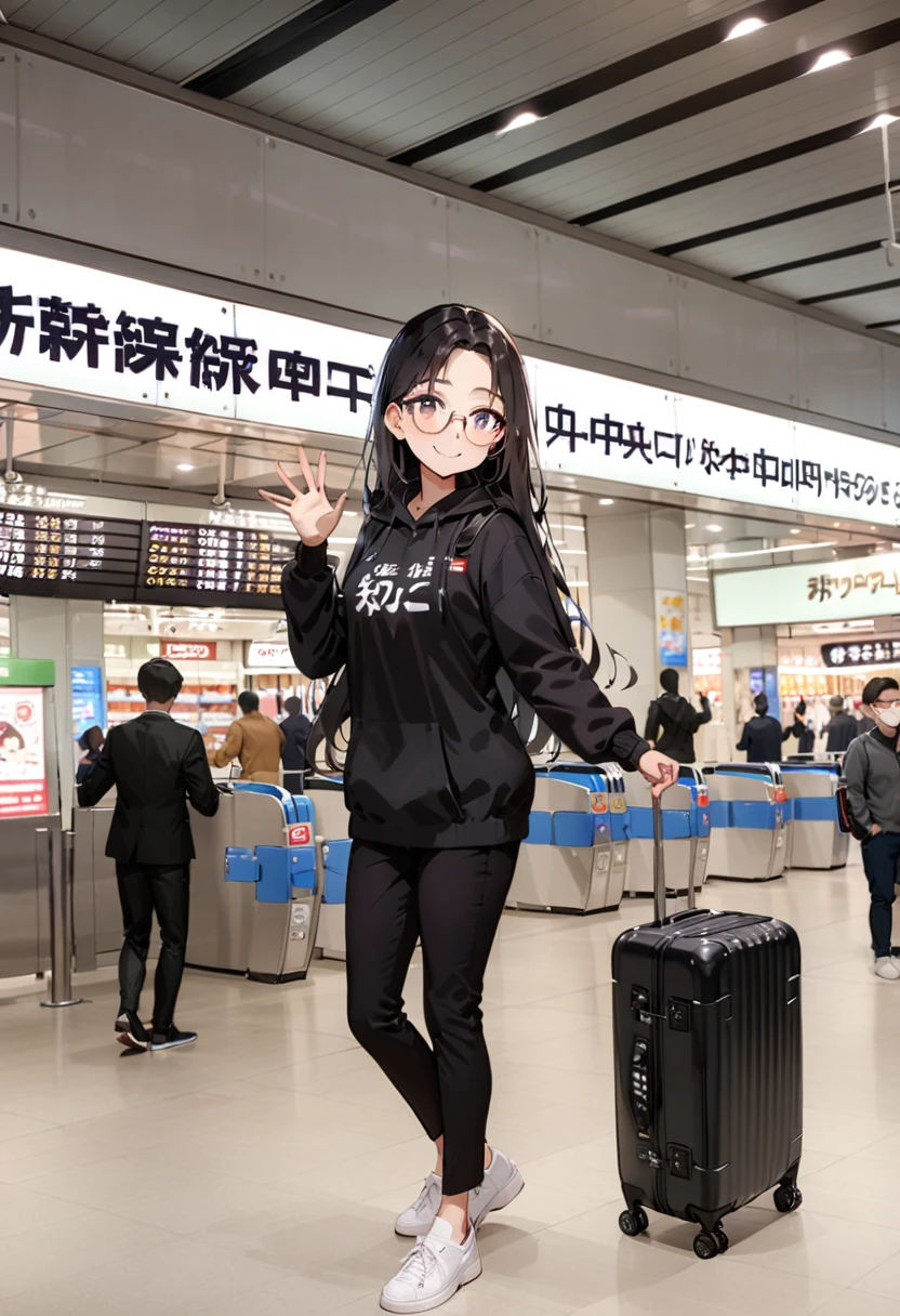 masterpiece, best quality, very aesthetic, absurdres,
1girl, solo, glasses, black hair, long hair, hoodie, pants, rolling suitcase, smile, looking at viewer, solo focus, waving,
shinosaka, chuoguchi, ticket gate, multiple boys, 6+boys, scenery, shop, indoors
<lora:shinosakaeki_chuoguchi_SDXL_V1:0.8>