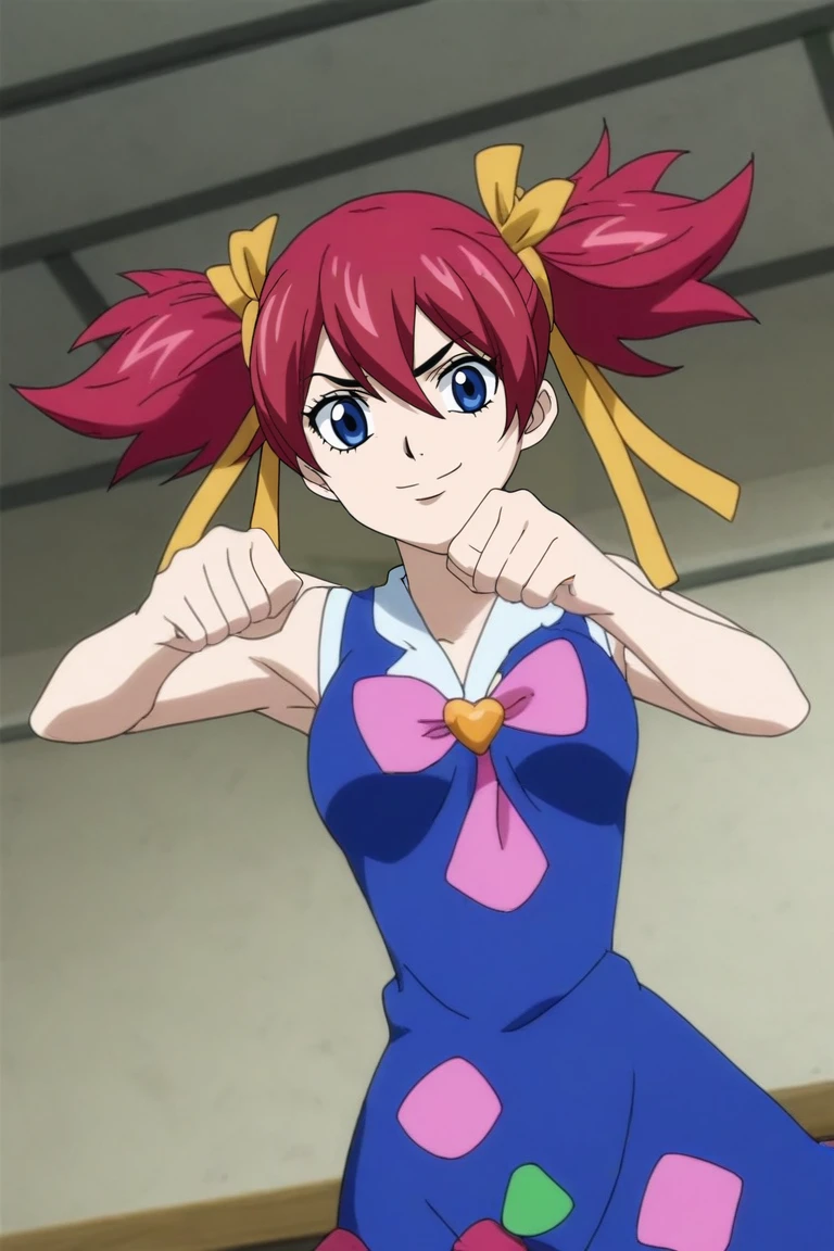 score_9, score_8_up, score_7_up, source_anime, rating_safe, intricate details, anime screencap, anime coloring, official style, looking at viewer, , 1girl, solo, <lora:chelia_blendy_pony:0.76>, chelia_blendy, red hair, blue eyes, ribbon, hair ribbon, twintails, short twintails, wide angle, wide shot, cowboy shot, classroom, dusk, jojo pose, smile, leprechaun costume, <lora:sdxl_lightning_8step_lora:1>