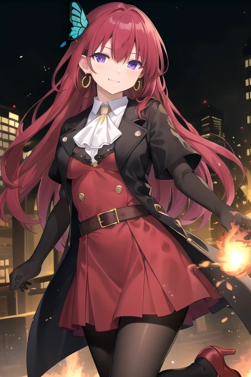 ((masterpiece)),(best quality),official art,extremely delicate and beautiful,extremely detailed CG,unity 8k wallpaper,ultra detailed,beautiful detailed eyes,extremely detailed face,outdoors,1girl,solo,cowboy shot,looking at viewer,facing viewer,smile,Lydia Ignite,long hair,red hair,hair intakes,butterfly hair ornament,crescent earrings,hair between eyes,bangs,purple eyes,jewelry,black coat,wing collar,white ascot,collared shirt,white shirt,red dress,medium breasts,short sleeves,elbow gloves,black gloves,belt,red skirt,black pantyhose,high heel boots,brown footwear,<lora:Lydia Ignite(arobmi):0.4>,