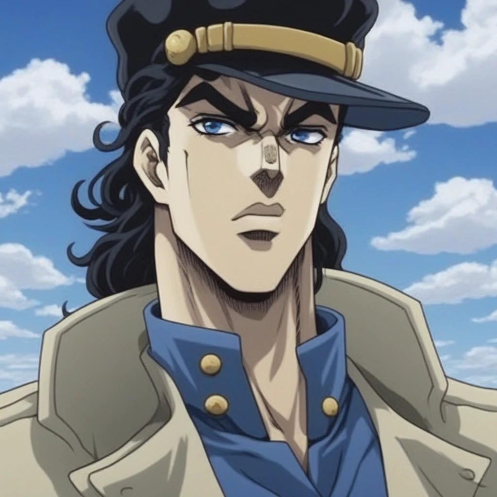 JoJo style, JoJo's Bizarre Adventure, tall male, trench coat, anime, sky, clouds, fake screenshot, official style, jojo, long hair, black hair, beret, sideburns, blue eyes, anime shading, 1boy,