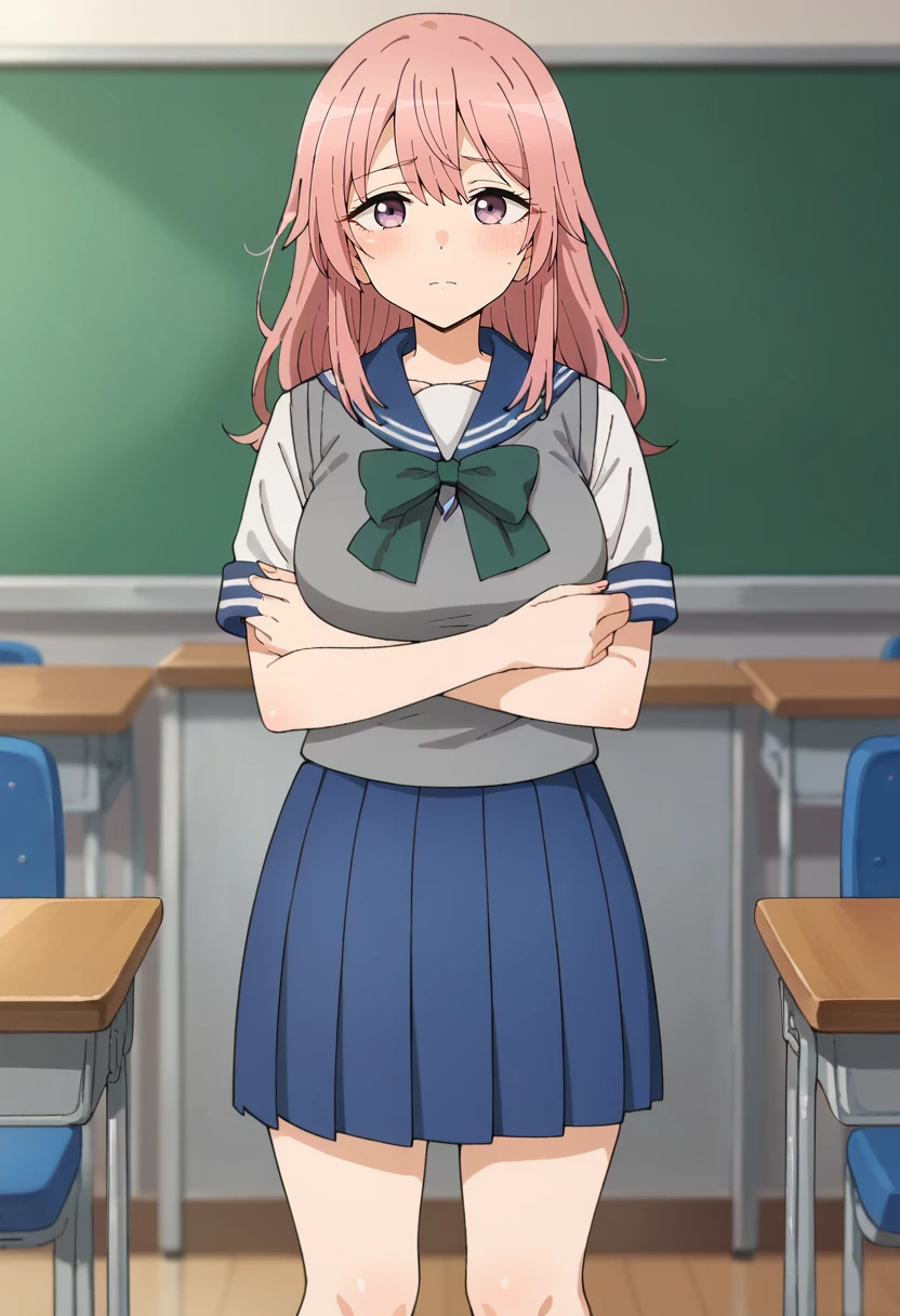 score_9, score_8_up, score_7_up, source_anime,
<lora:SonoBisqueDoll_InuiShinjuXL:0.8>, InuiShinju,
1girl, closed mouth, blush,
pink hair, long hair, lavender eyes,
ShinjuSchool, school uniform, blue sailor collar, green bow, sweater vest, grey vest, blue skirt, pleated skirt,
standing, looking at viewer, knees, breast hold,
indoors, classroom, blurry background