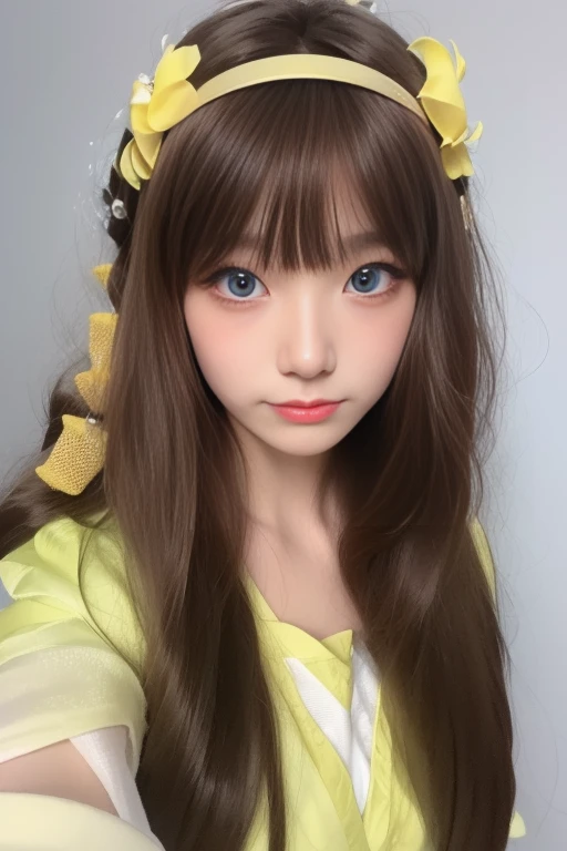 ltra-detailed,highly detailed,best quality,masterpiece,illustration,realistic,photorealistic,
ruru, 1girl, solo, cosplay,
yellow dress, long sleeves, dress, bow, white bow, yellow shirt, ribbon,
brown hair, long hair, hair ornament, bangs, hair flower, hairband, blunt bangs, hair bow, yellow hairband, hair ribbon,
blue eyes,
looking at viewer, upper body,
flower, grey background, simple background,
<lora:ruru_v2_05:0.9>
