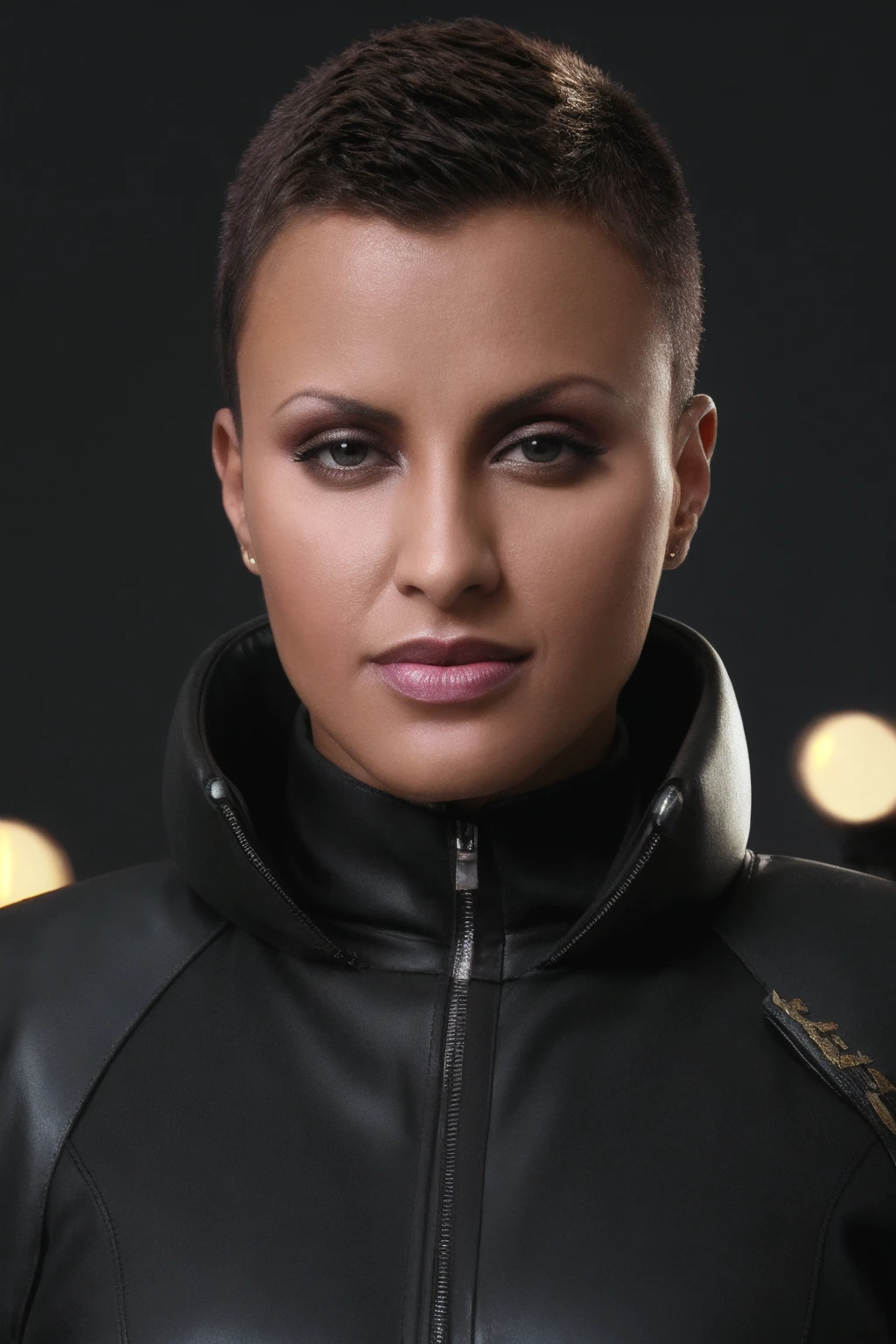 professonial photoshooting, highres, 4k, <lora:Veronica_Vanoza:0.85> Veronice Vanoza in a paramilitary outfit, platecarrier, very short hair, brown eyes, simple background, dark studio, neon lights, bokeh, close-up portrait