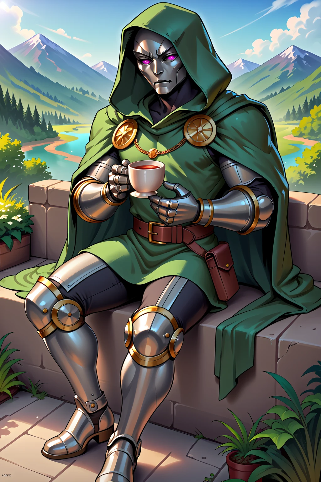 score_9, score_8_up, score_7_up, masterpiece, high quality,
 <lora:Doctor DoomPonyLora:0.8> 1boy, hood, cape, belt, armor, cloak, mask, gauntlets, boots, glowing eyes, sitting on a porch holding a cup of tea, lush forests and mountains in background, sundown