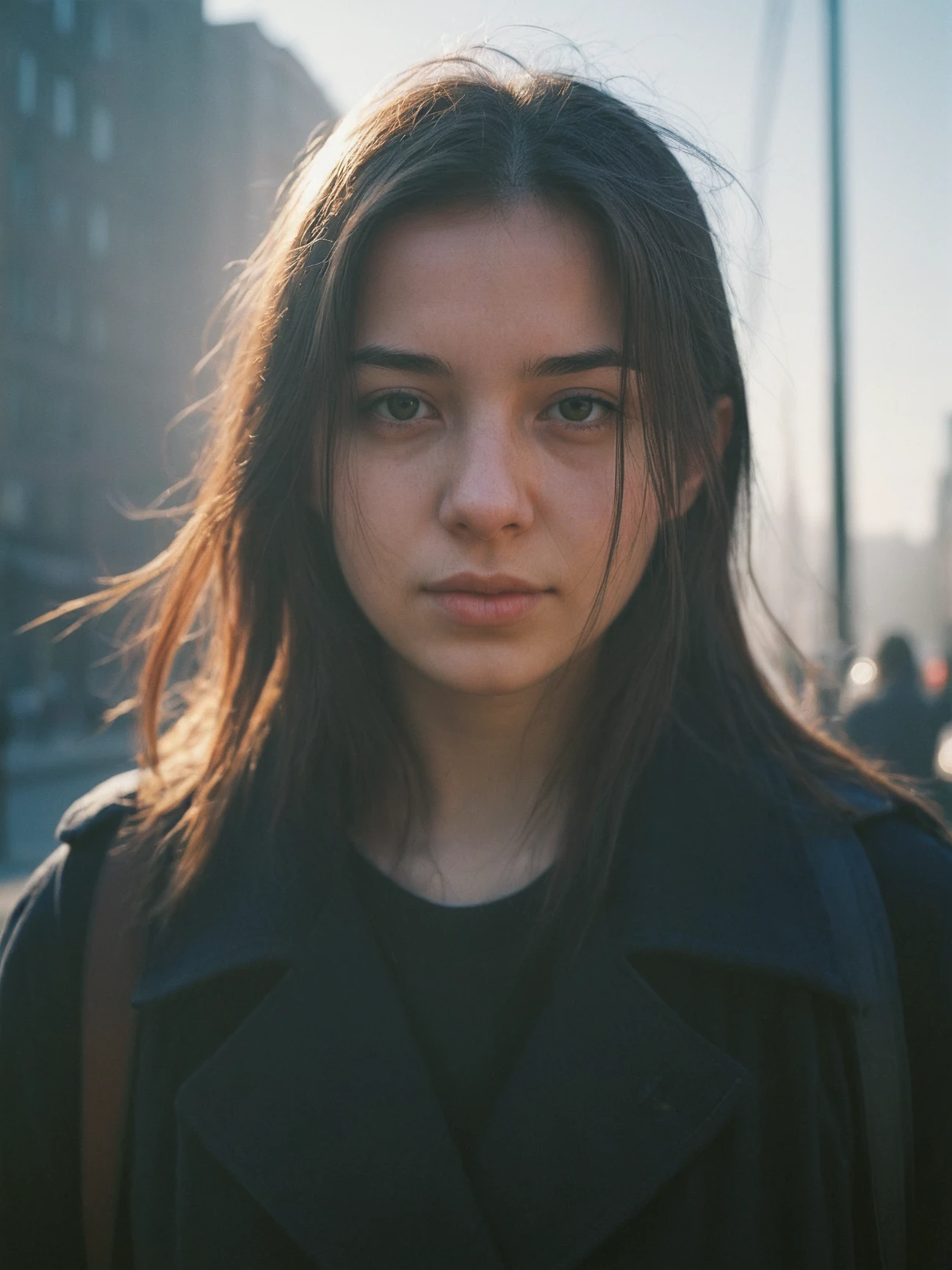 photography, city street, closeup portrait photo of young woman in dark clothes, sunny, daylight, fog, Fujifilm XT3, Canon R5, Fujicolor Fujichrome Velvia 100