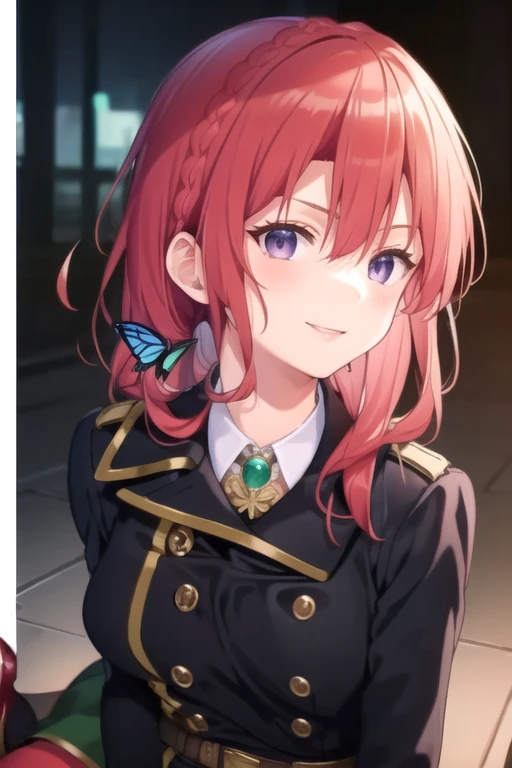 ((masterpiece)),(best quality),official art,extremely delicate and beautiful,extremely detailed CG,unity 8k wallpaper,ultra detailed,beautiful detailed eyes,extremely detailed face,outdoors,1girl,solo,upper body,(portrait:1.5),looking at viewer,facing viewer,smile,Eve Ignite,long hair,red hair,braided ponytail,side ponytail,shiny hair,floating hair,crown braid,butterfly hair ornament,blue butterfly,hair between eyes,bangs,purple eyes,military uniform,black coat,double-breasted,jewelry,white shirt,collared shirt,pumps,large breasts,long sleeves,black gloves,belt,pencil skirt,miniskirt,red skirt,pencil skirt,lace trim,fishnet pantyhose,black pantyhose,high heels,red footwear,<lora:Eve Ignite(arobmi)>,