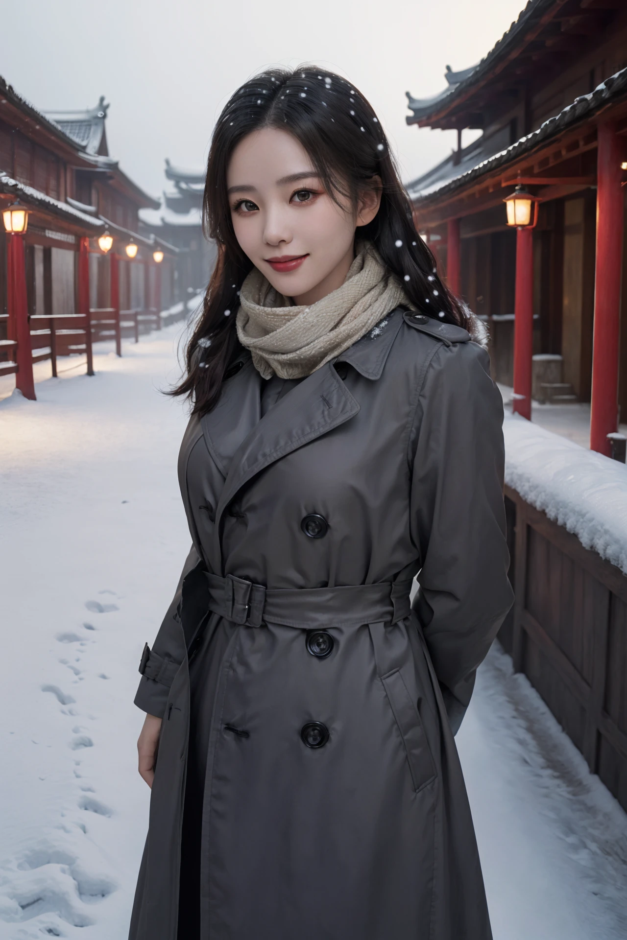 (4k, best quality, highres, absurdres, masterpiece:1.21), (realistic:1.331), detailed and intricate,
cinema light, (authentic skin texture:1.3),
1girl, perfect body, medium breasts, shiny skin,
light smile, arms behind back,
scarf, trench_coat,
chinese style architecture, snowing, snowflakes, winter, lamp,
<lora:add_detail:0.3>, <lora:girlslike_lss8:0.7>