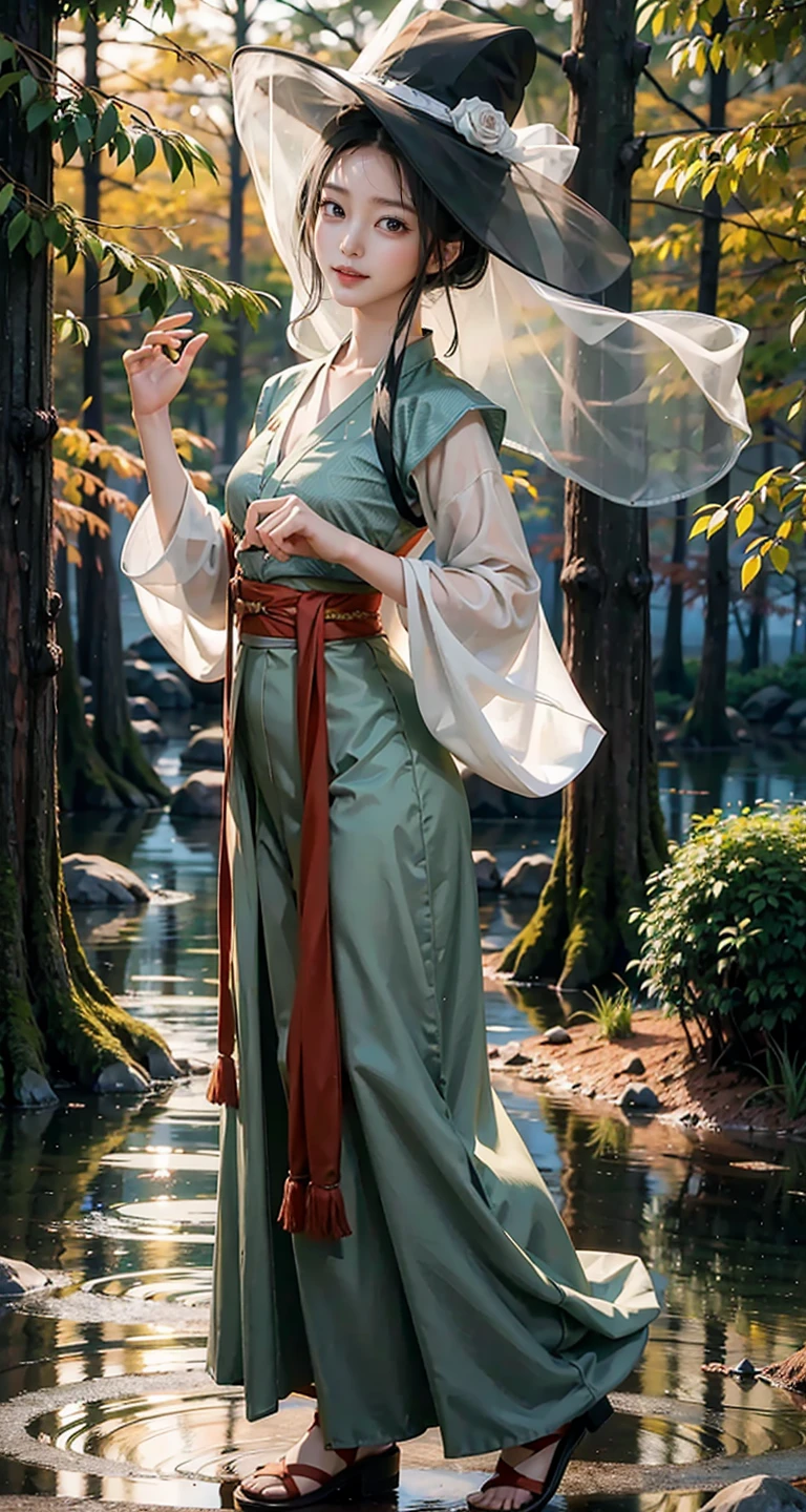 1girl, (veil_hat, hanfu), stand, full body, raining, outdoor, Gray hair, forest, masterpiece, best quality, 8k