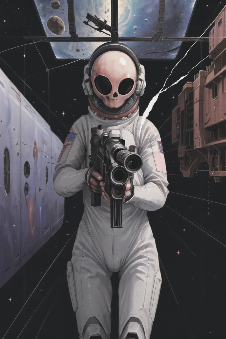 (masterpiece),best quality,space,Space station,Alienï¼gun,holding gun,aiming at viewer,