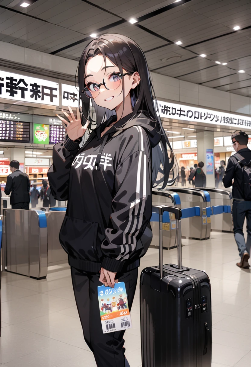 masterpiece, best quality, very aesthetic, absurdres,
1girl, solo, glasses, black hair, long hair, hoodie, pants, rolling suitcase, smile, looking at viewer, solo focus, waving,
shinosaka, chuoguchi, ticket gate, multiple boys, 6+boys, scenery, shop, indoors
<lora:shinosakaeki_chuoguchi_SDXL_V1:0.8>