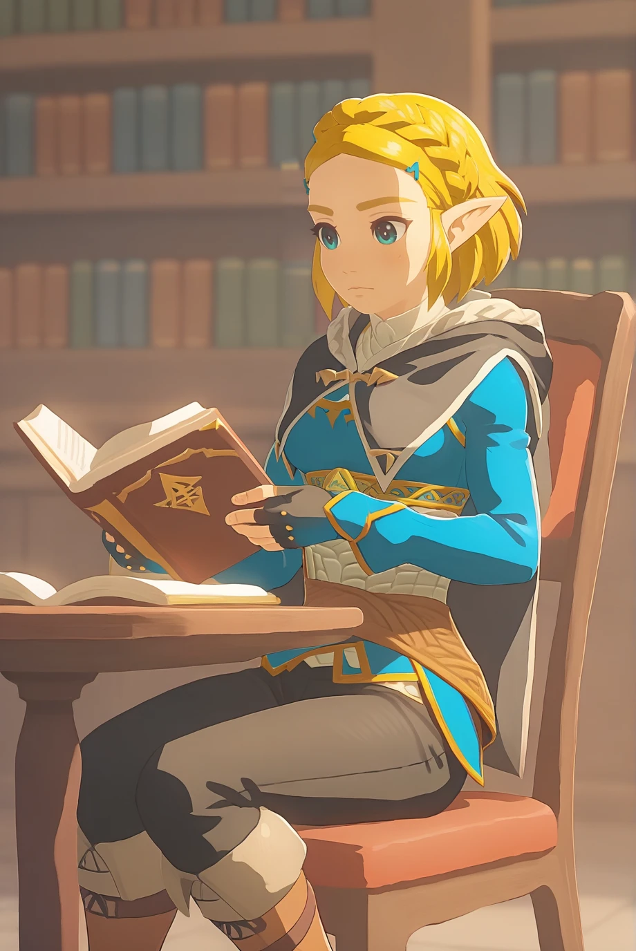 score_9, score_8_up, score_7_up, score_6_up, score_5_up, score_4_up, BREAK source_anime, 1girl, solo,
<lora:ZeldaXL-v2-07:1.0>, ChopioZelda, blonde hair, aqua eyes, pointy ears,
medium breasts,
short hair, crown braid, sidelocks, parted bangs, hairclip,
outfit_1, blue crop top, gold trim, white undershirt, breastplate, layered sleeves, brown sash, black gloves, fingerless gloves, black pants, knee boots, brown footwear,
black cape, hooded cape,
library, table, chair, book, reading,