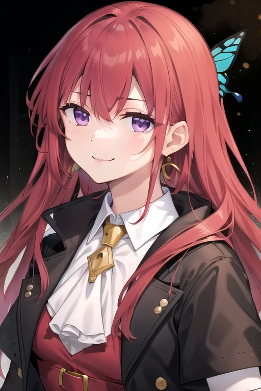((masterpiece)),(best quality),official art,extremely delicate and beautiful,extremely detailed CG,unity 8k wallpaper,ultra detailed,beautiful detailed eyes,extremely detailed face,outdoors,1girl,solo,upper body,(portrait:1.5),looking at viewer,facing viewer,smile,long hair,red hair,hair intakes,butterfly hair ornament,crescent earrings,hair between eyes,bangs,purple eyes,jewelry,black coat,wing collar,white ascot,collared shirt,white shirt,red dress,medium breasts,short sleeves,elbow gloves,black gloves,belt,red skirt,<lora:Lydia Ignite(arobmi):0.4>,