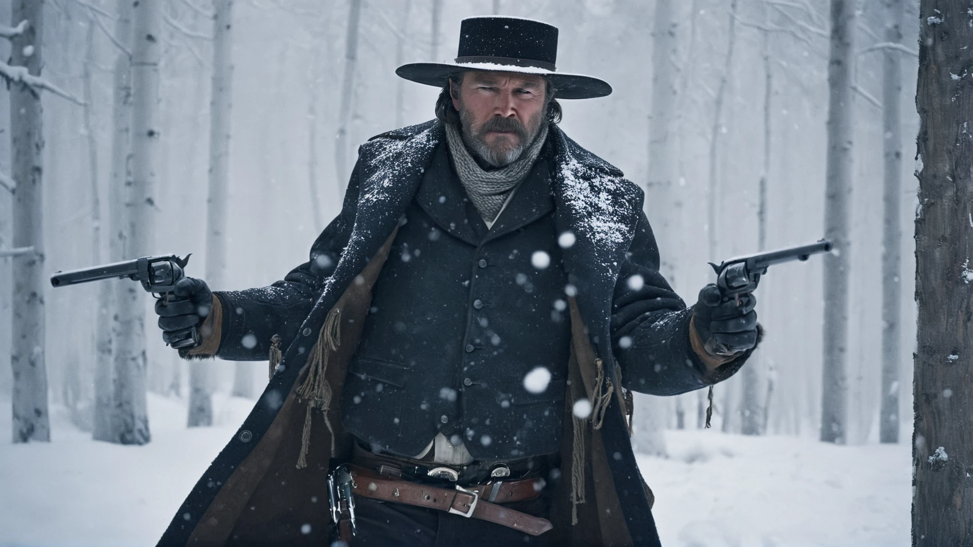 <lora:The Hateful Eight film style:0.9>
<lora:detailed:0.5>
<lora:perfection style:0.5>
<lora:Chiaroscuro Lighting Style:0.3>
In 1870,A Western film,Cinematic Kodak picture of a man in a fur coat holding a colt revolver gun cowboy style in a snowy forest,solo,black hair,gloves,1boy,hat,holding,standing,weapon,male focus,outdoors,black gloves,belt,pants,holding weapon,vest,tree,coat,gun,facial hair,holding gun,nature,beard,snow,handgun,snowing,cowboy hat,revolver ,The Hateful Eight film style