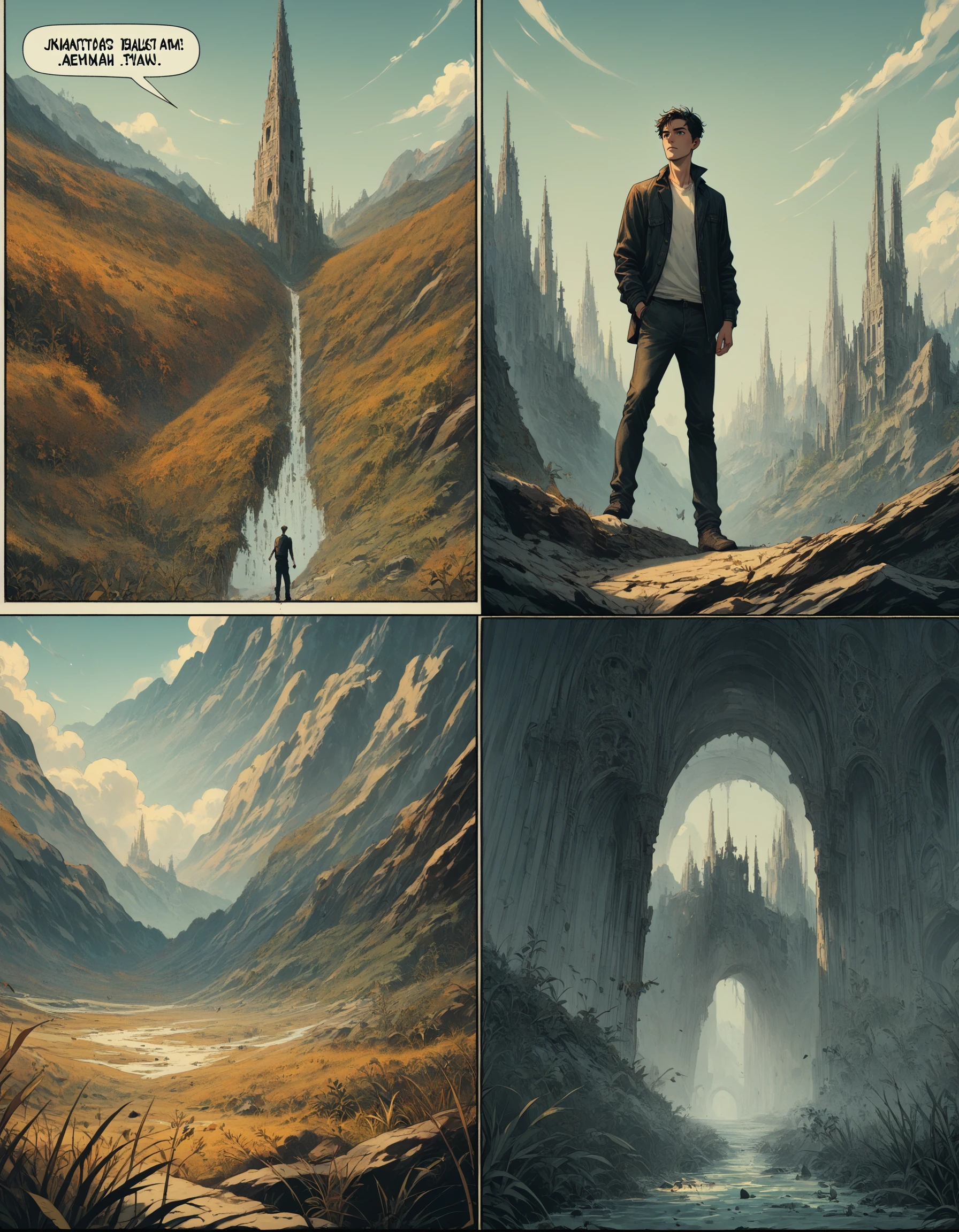 score_9, score_8_up, score_7_up, score_6_up, score_5_up, score_4_up, 4 comic panels, solo, short hair, 1boy, male focus, existentialism, outdoors, surrealism, specular highlights, specular reflection, cinematic angle, dall3pnyxl , <lora:Dalle3CmcPnyXL:1>