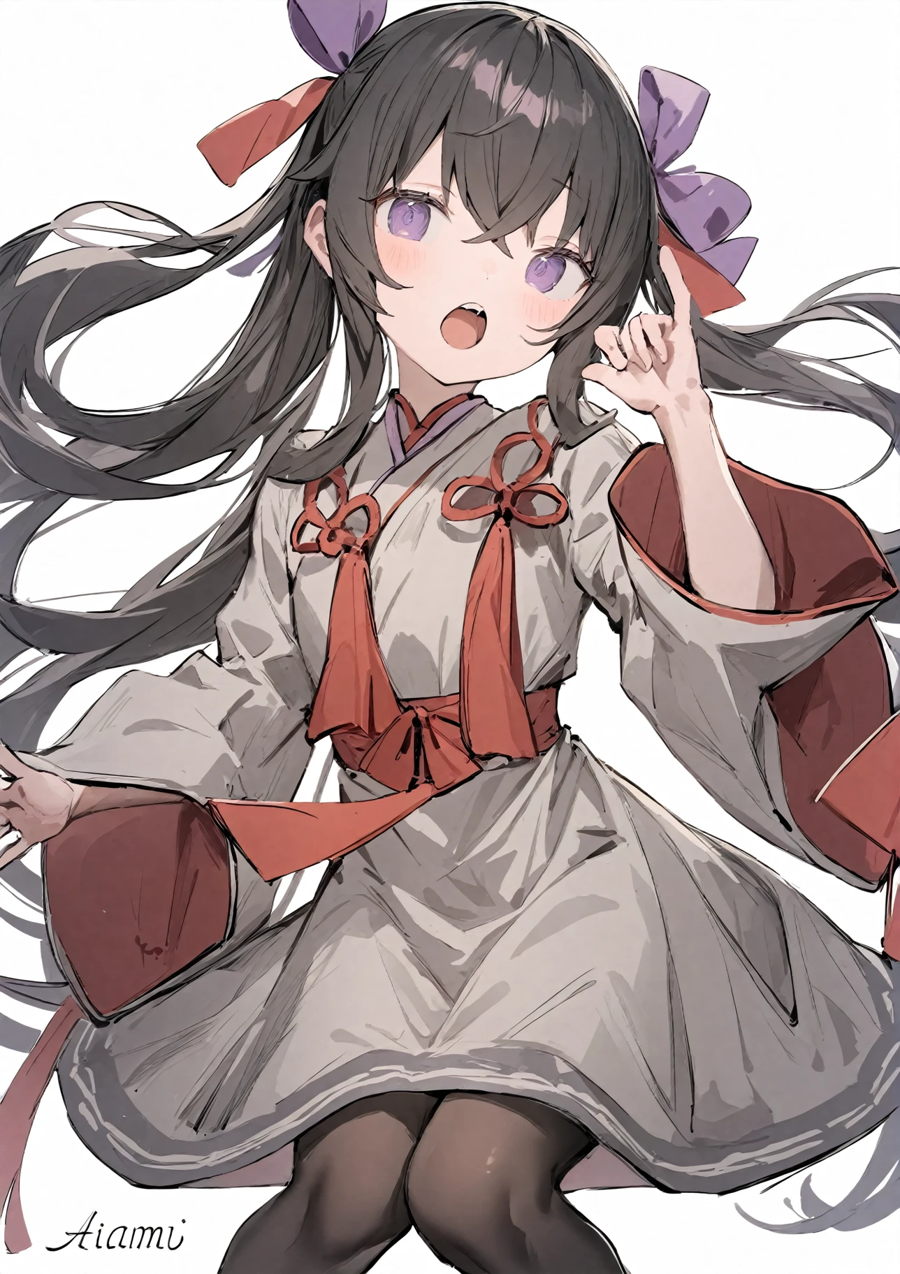 1girl,
aiamu iamu,
blush, artist name, watermark, pantyhose, dress, signature, purple eyes, looking at viewer, open mouth, tsurime, hair ribbon, long hair, tassel, teeth, black hair, ribbon, hair between eyes, feet out of frame, wide sleeves, eyelashes, purple ribbon, grey dress, tongue, white background, simple background, long sleeves, solo, upper teeth only, red ribbon, crossed bangs, black pantyhose, very long hair,
masterpiece, best quality, absurdres, highres, safe
<lora:aiamu_iamu_image45_2024-03-28_a31-000040:1>