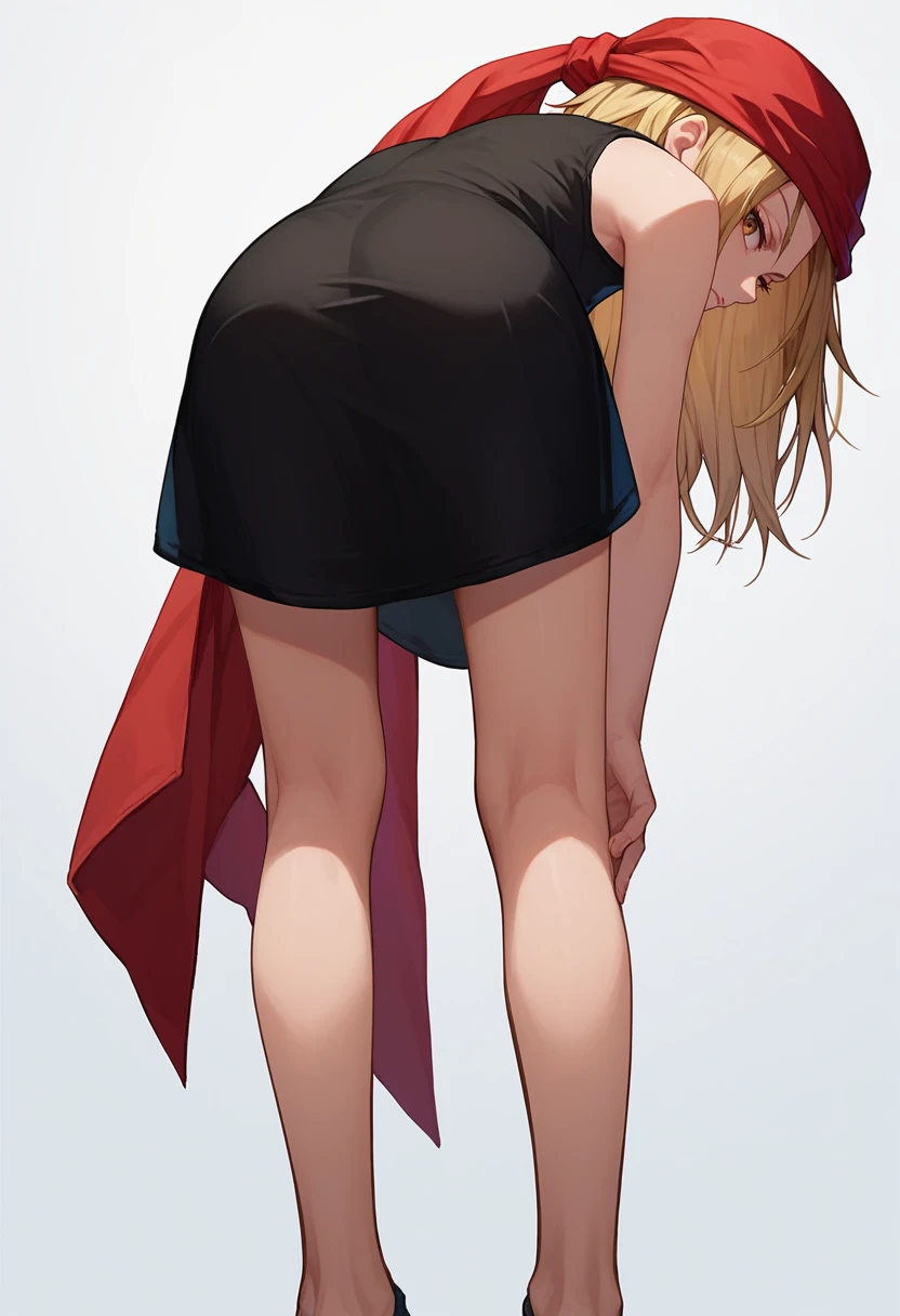 score_9, score_8_up, score_7_up, 1girl, kyouyama anna, blonde hair, short hair, brown eyes, black dress, red bandana, sleeveless, bent over, from behind, looking at viewer, <lora:Anna DORA-000009:1>