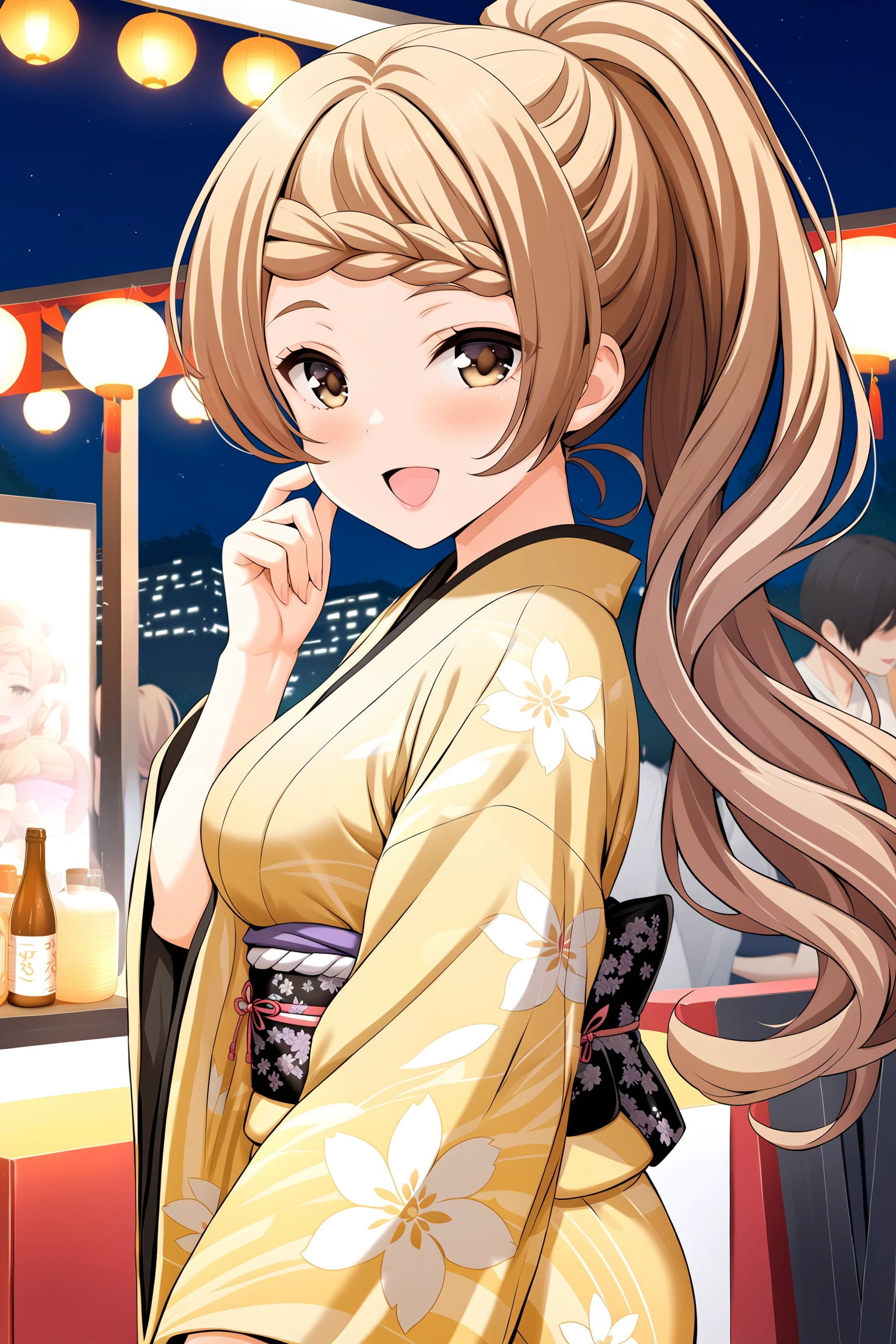 (masterpiece, best quality, very aesthetic, ultra detailed), intricate details, highly detailed background, perfect lightingbest quality, miyoshinao, solo, outdoors, night, summer festival, light brown hair, ponytail, ahoge, braided bangs, long hair, brown eyes, medium breasts, yellow kimono, floral print, japanese clothes, smile, open mouth, :d, pink lips, <lora:Miyoshi-Nao:0.7>