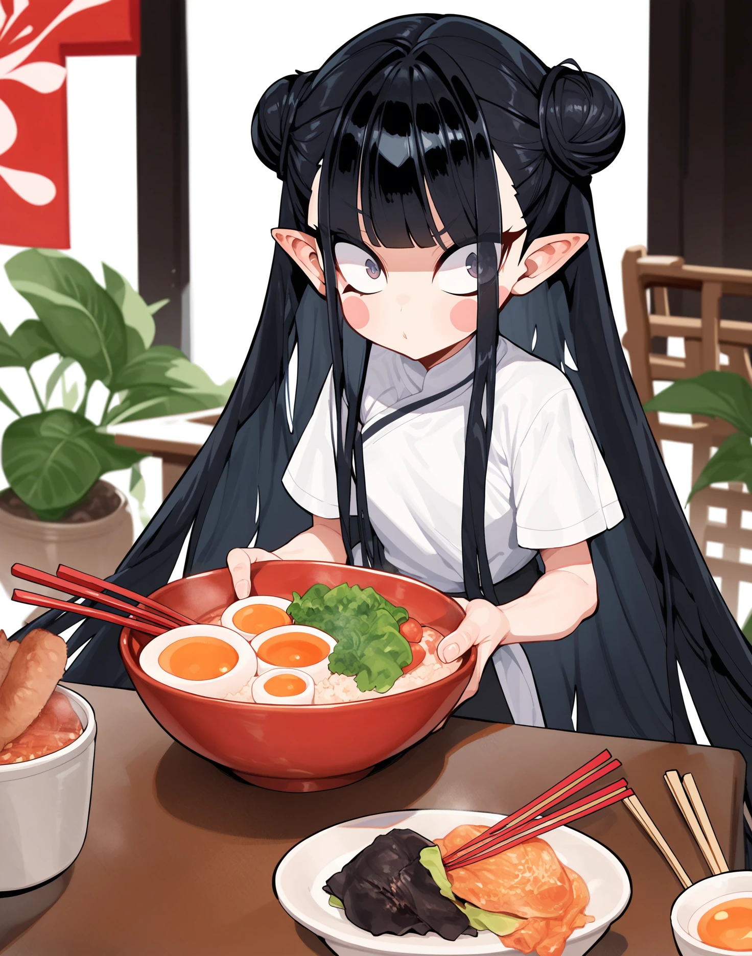 score_9, score_8_up, score_7_up,score_6_up, a girl holding a bowl with rice, black hair, double bun, very long hair, blush stickers, blunt bangs, sidelocks, pointy ears, chopsticks, restaurant,
<lora:benantoka_style_pony6_v2-000026:1> bnantkstyl