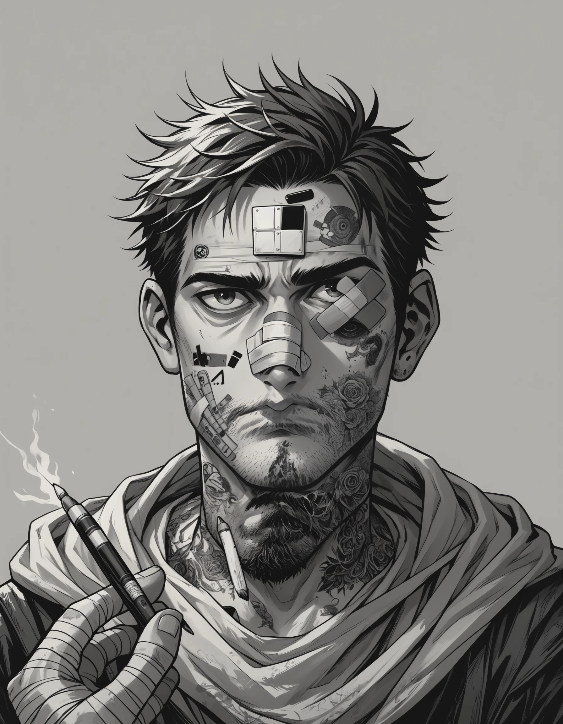 score_9, score_8_up, score_7_up, score_6_up, score_5_up, score_4_up, solo, short hair, 1boy, monochrome, greyscale, male focus, inked, pencil, hatched lines, messy art, facial hair, bandages, portrait, bandaid, stubble, bandaid on face, bandaged head , specular highlights, specular reflection, cinematic angle, dall3pnyxl , <lora:Dalle3CmcPnyXL:1>