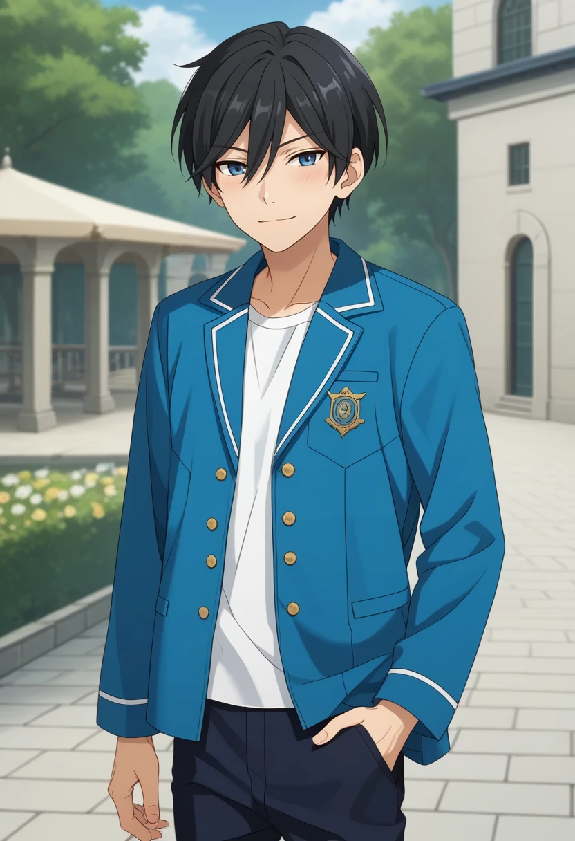 score_9, score_8_up, score_7_up, masterpiece, best quality, cute,Hokuto Hidaka, black hair, blue eyes, solo, male focus<lora:EMS-364669-EMS:1.000000>