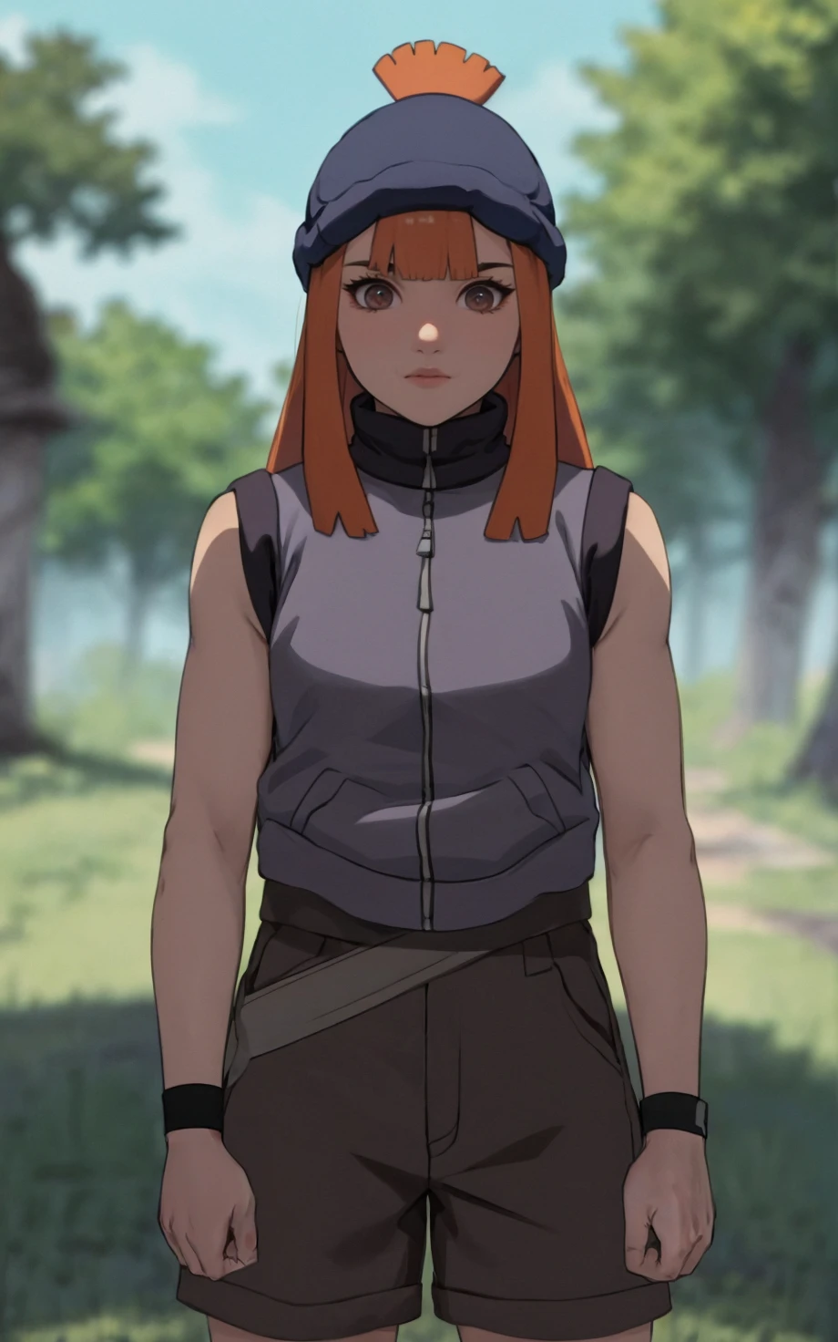 ((masterpiece, best quality)), insaneres, absurdres, solo, vanishing point,
NARUTO_Kunoichi_Sasame_ownwaifu,
1girl, long hair, orange hair, blunt bangs, hat, brown eyes, sidelocks, blue headwear, ponytail, topknot,
sleeveless, vest, shorts, bare shoulders, jacket, turtleneck, bare arms, bike shorts, black shorts, grey shirt, sleeveless shirt, wristband,
(portrait, straight-on)<lora:NARUTO_Kunoichi_Sasame_ownwaifu:1>,
outdoors, lens flare, depth of field, bokeh, embers, looking at viewer,
