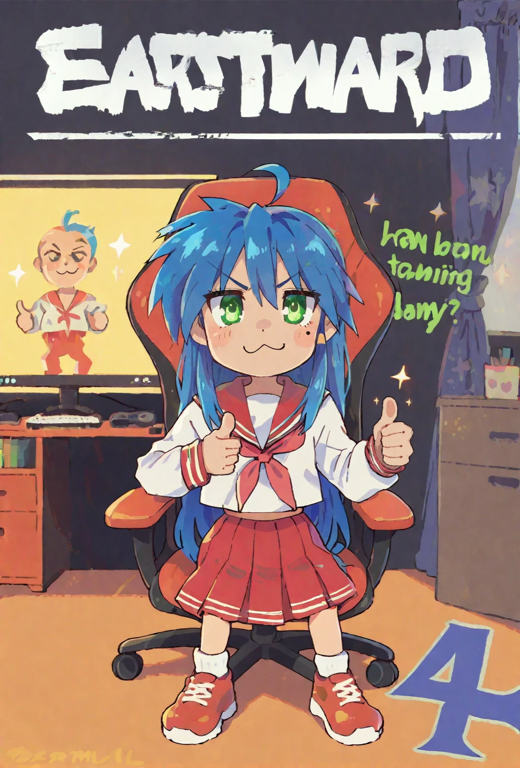 score9, score_8_up, score_7_up, colorful, vibrant, 1girl, solo, rating_safe, <lora:konata:0.7> Konata Izumi, long hair, blue hair, ahoge, green eyes, mole, serafuku, red skirt, red sailor collar, shoes, brown tighhighs, Konata Izumi giving a thumbs up to the viewer while sitting on her gamer chair, indoors, bedroom, gaming computer, rgb lights, gaming keyboard, gamer chair, (sitting on a chair:1.3), closed curtains, character focus, close up, character focus, close up, (thumbs up:1.3), sparkles, large text, (large text that spells EASTWARD), <lora:Eastward_Countdown_Poster-000006:1> eastwardposter,