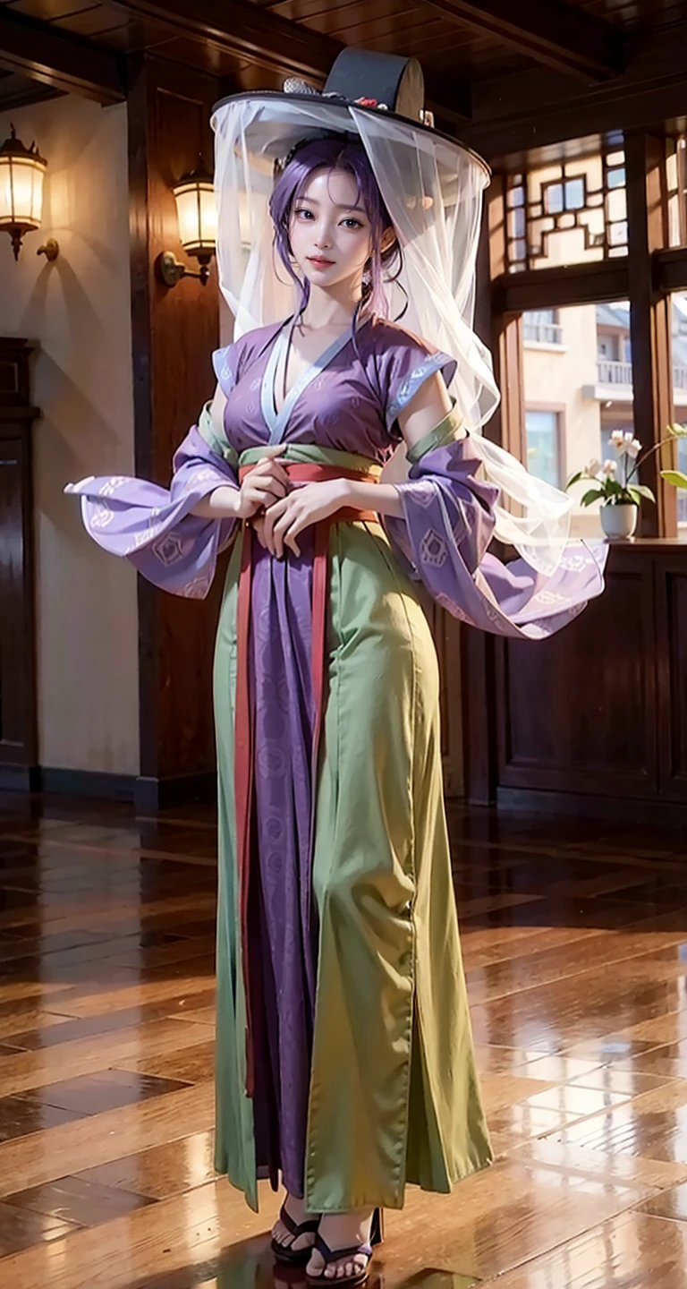 1girl, (veil_hat, hanfu), stand, full body, Purple hair, indoor, masterpiece, best quality, 8k