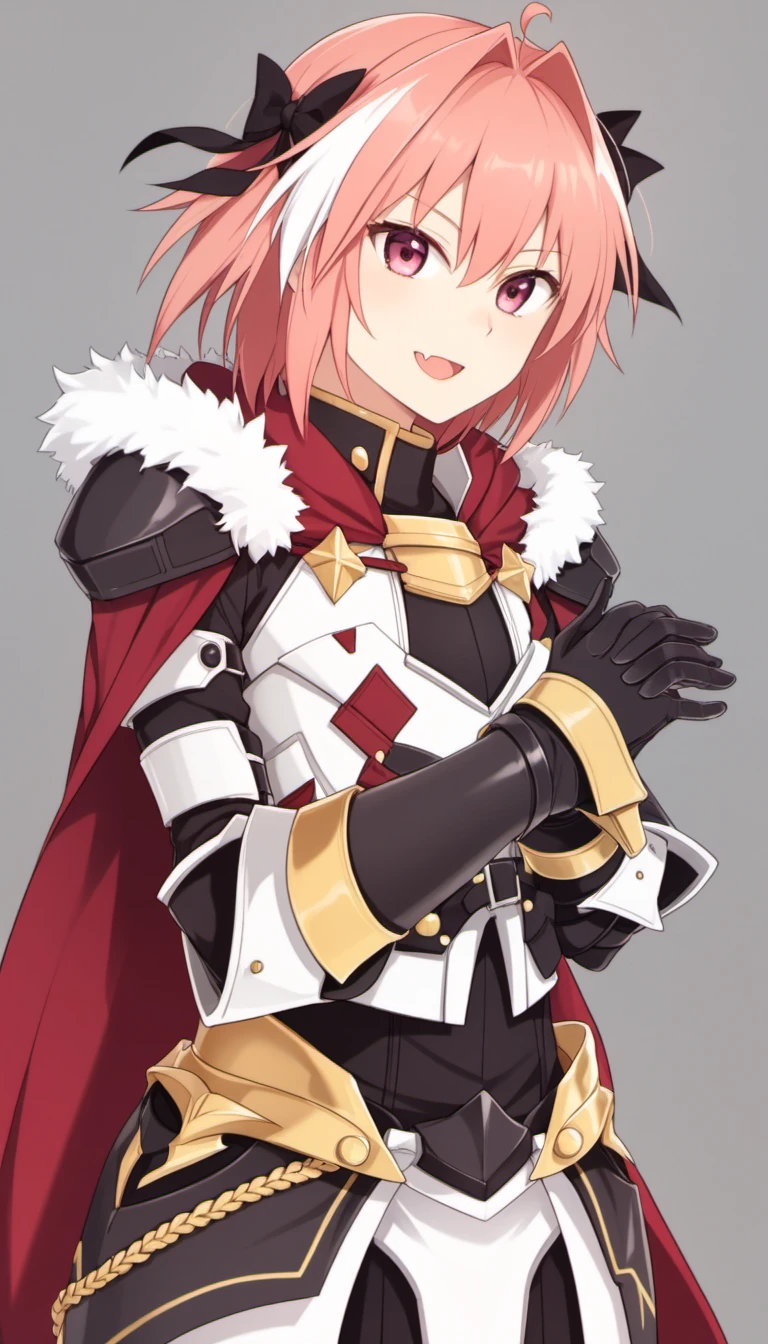 rs,masterpiece,best quality,<lora:astolfov2:1>,solo,grey_background,red_cloak,gorget,commentary_request,1boy,black_bow,otoko_no_ko,astolfo_\(fate\),armored_dress,gauntlets,hair_intakes,fang,closed_mouth,black_dress,looking_at_viewer,simple_background,smile,single_braid,happy,male_focus,fur-trimmed_cloak,long_braid,hair_bow,long_sleeves,