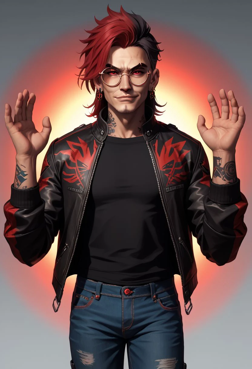 cbxzz, 1boy, male focus, solo, red eyes, glasses, jewelry, tattoo, jacket, facial hair, earrings, stubble, red hair, dyed bangs, two tone hair, black hair, gradient hair, thick eyebrows, scar, round eyewear, leather jacket, denim pants, black shirt, hands up, full body, smirk, natural lighting, looking at viewer, vibrant, vivid colors, enigmatic PonyXLV6_Scores