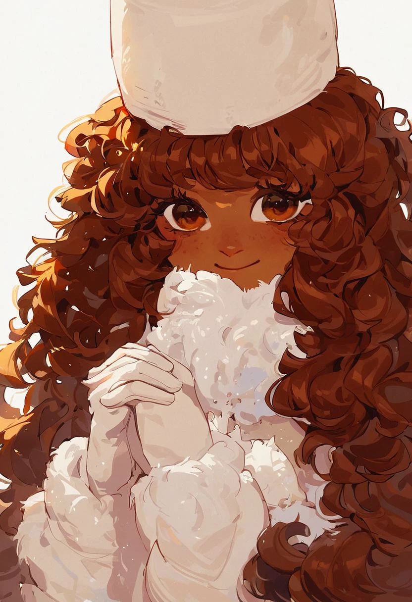 score_9, score_8_up, score_7_up, source_cartoon, solo, 1girl, CocoaCookie, long hair, brown hair, brown eyes, colored eyelashes, white eyelashes, dark skinned girl, hat, neck fluff, white dress. boobs, fluffy clothes, white gloves, layered clothes, smile, portrait, close up, holding hands together halfbody, looking at viewer, standing, white background