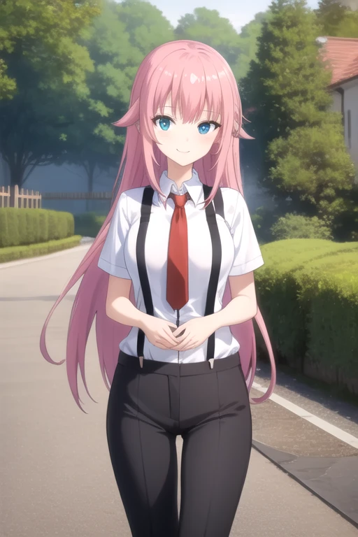 ((masterpiece)),(best quality),official art,extremely delicate and beautiful,extremely detailed CG,unity 8k wallpaper,ultra detailed,beautiful detailed eyes,extremely detailed face,outdoors,1girl,solo,cowboy shot,looking at viewer,facing viewer,smile,(petite:1.3),very long hair,pink hair,sidelocks,bangs,blue eyes,suspenders,collared shirt,white shirt,red necktie,huge breasts,short sleeves,suit pants,grey pants,brown footwear,<lora:Aizawa Suzuka(remake):0.8>,
