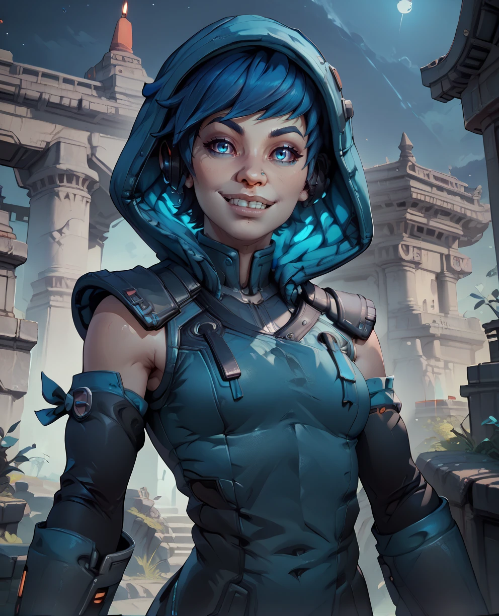 score_9,score_8_up,score_7_up,score_6_up,
Avaxl,short blue hair,blue eyes,looking at viewer,nose ring,hood,
jacket,sleeveless,detached sleeves,light smile,teeth,
outdoors,temple,night,science fiction,
<lora:AvaBL3:0.8>,