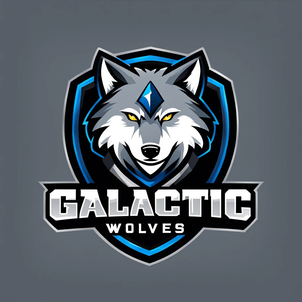 logomkrdsxl, logo for e-sports team, wolf head profile, vector, text "Galactic Wolves", <lora:logomkrdsxl:1>, best quality, masterpiece, sharp